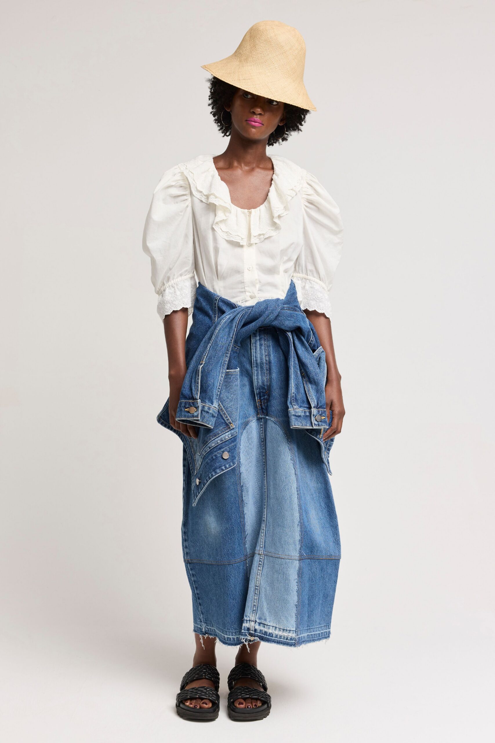 blue denim fitted pencil midi skirt