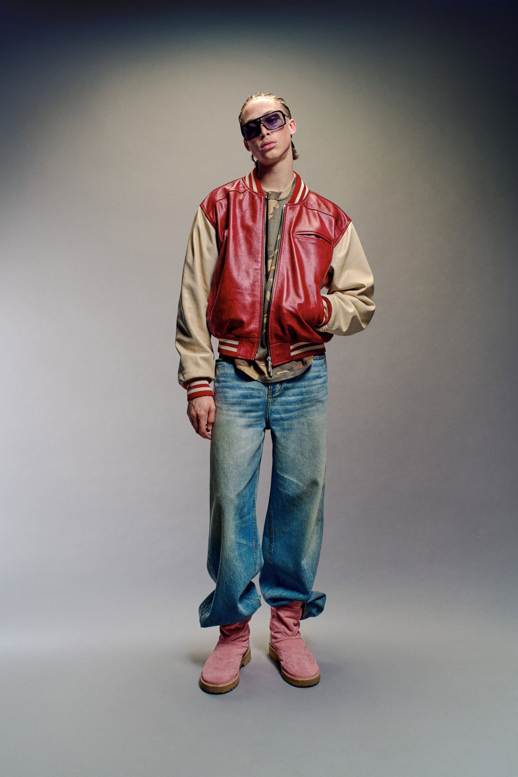 red leather long-sleeve collared relaxed jacket