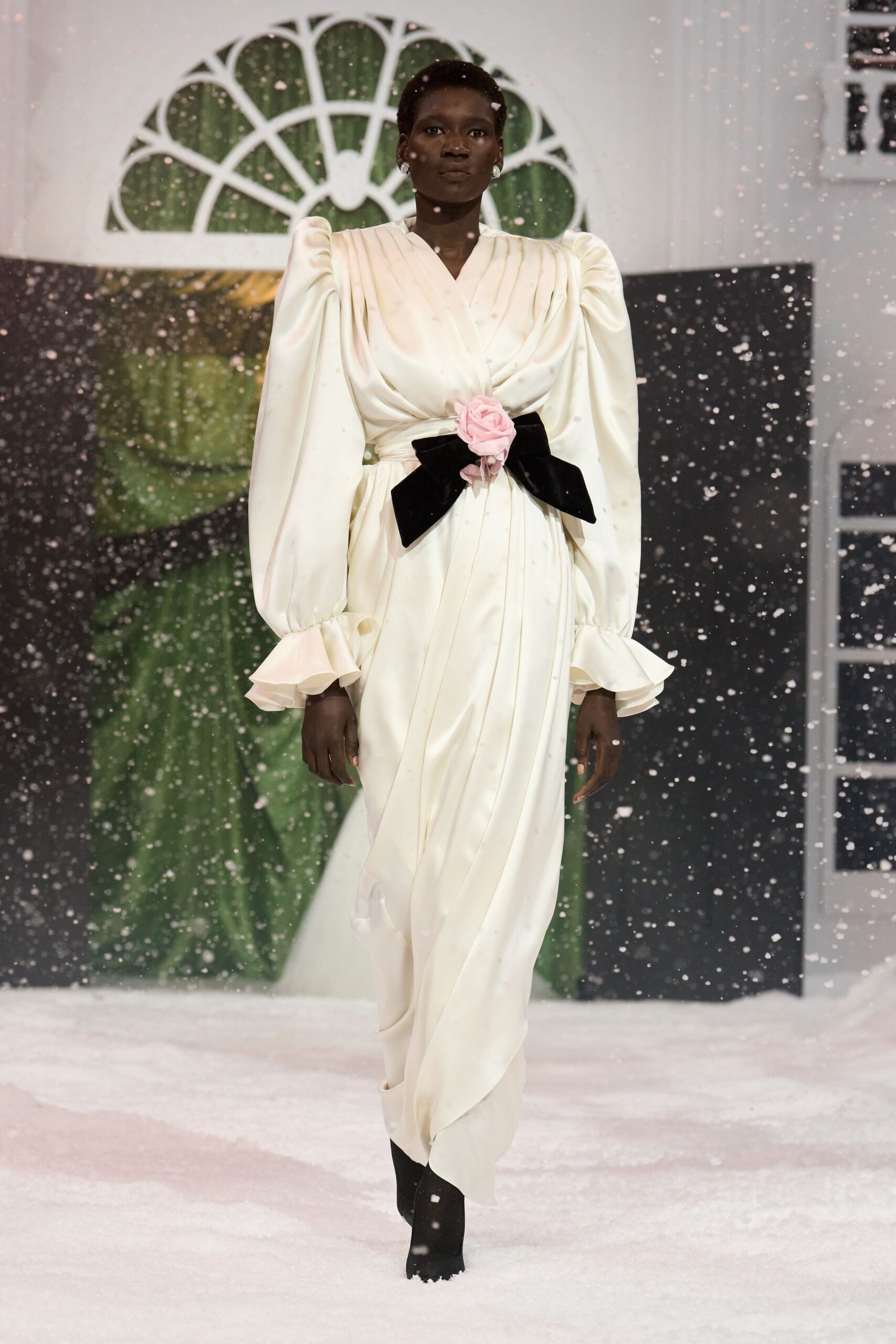 white silk long-sleeve v-neck fitted pleated belted dress