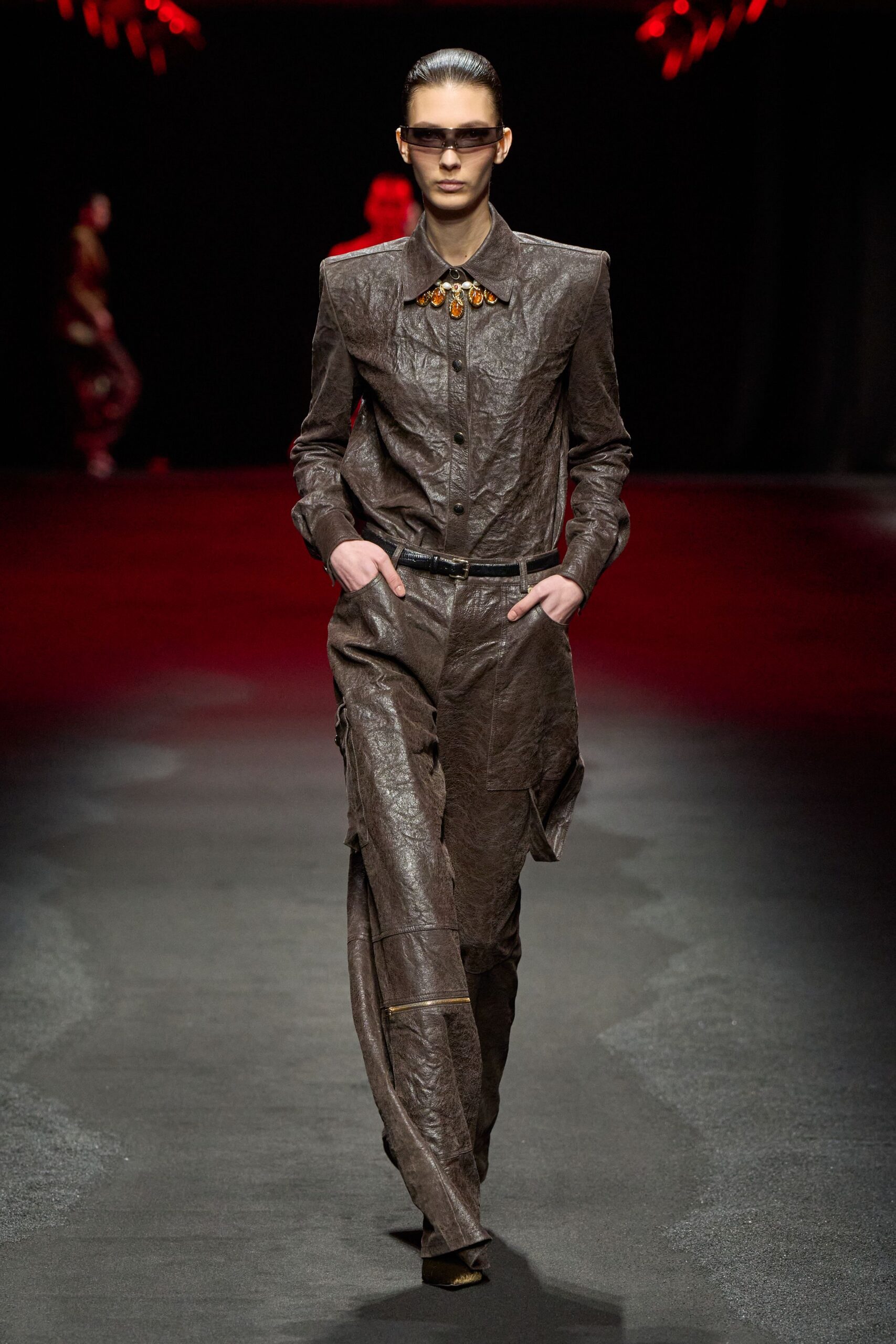 brown leather long-sleeve collared fitted buttoned jacket