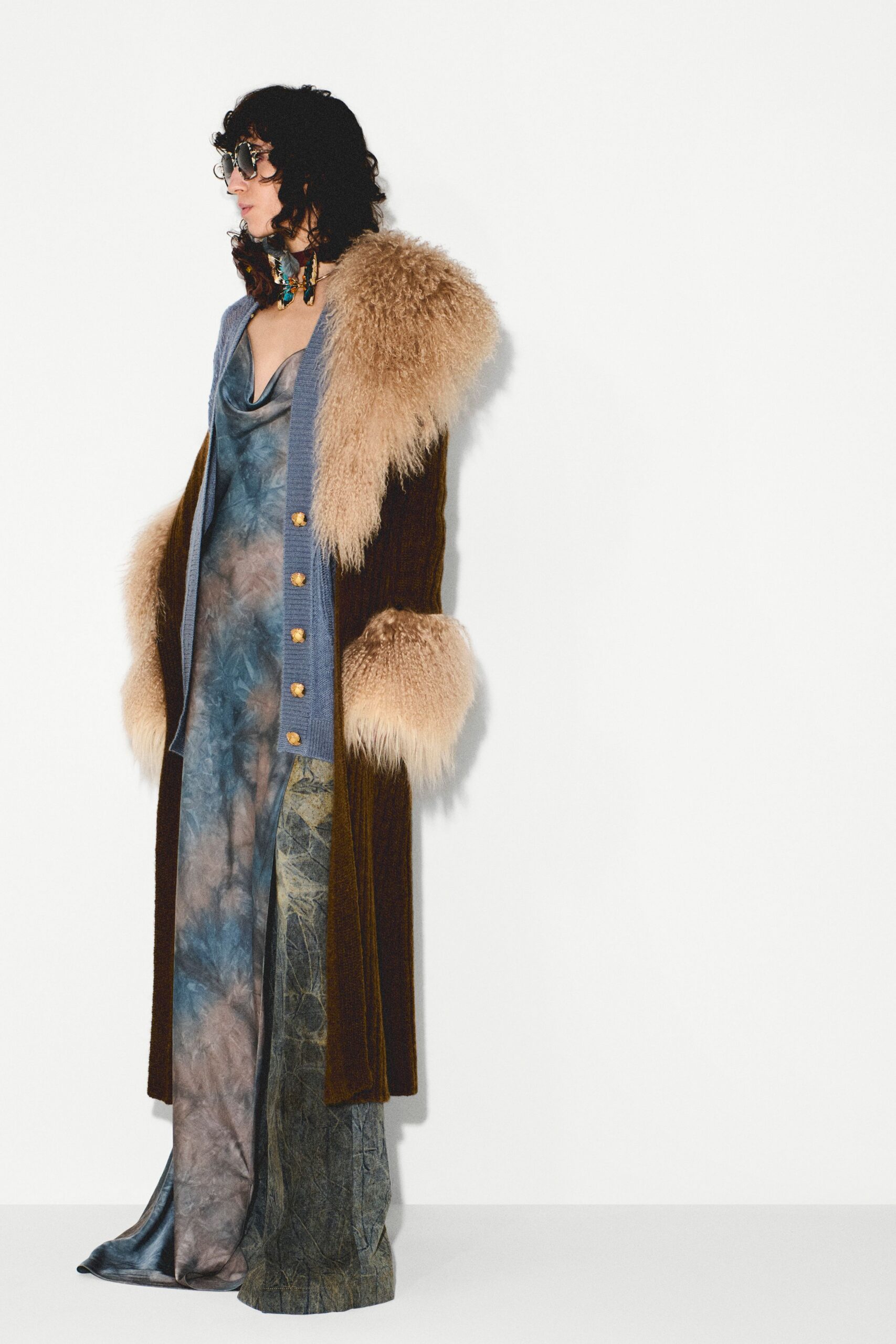 blue silk sleeveless v-neck fitted layered maxi gown