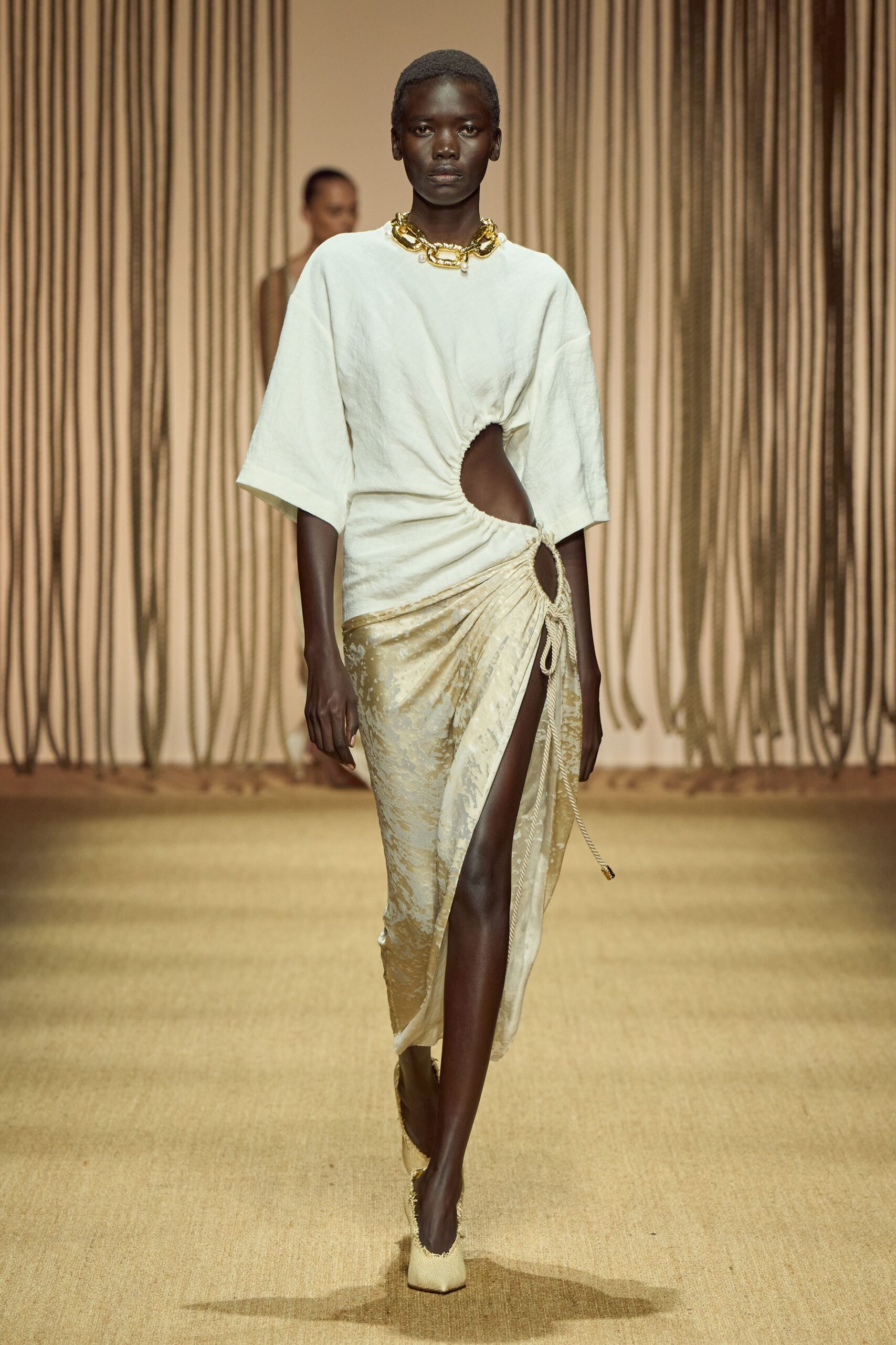 white silk sleeveless cutout fitted draped flowing dress