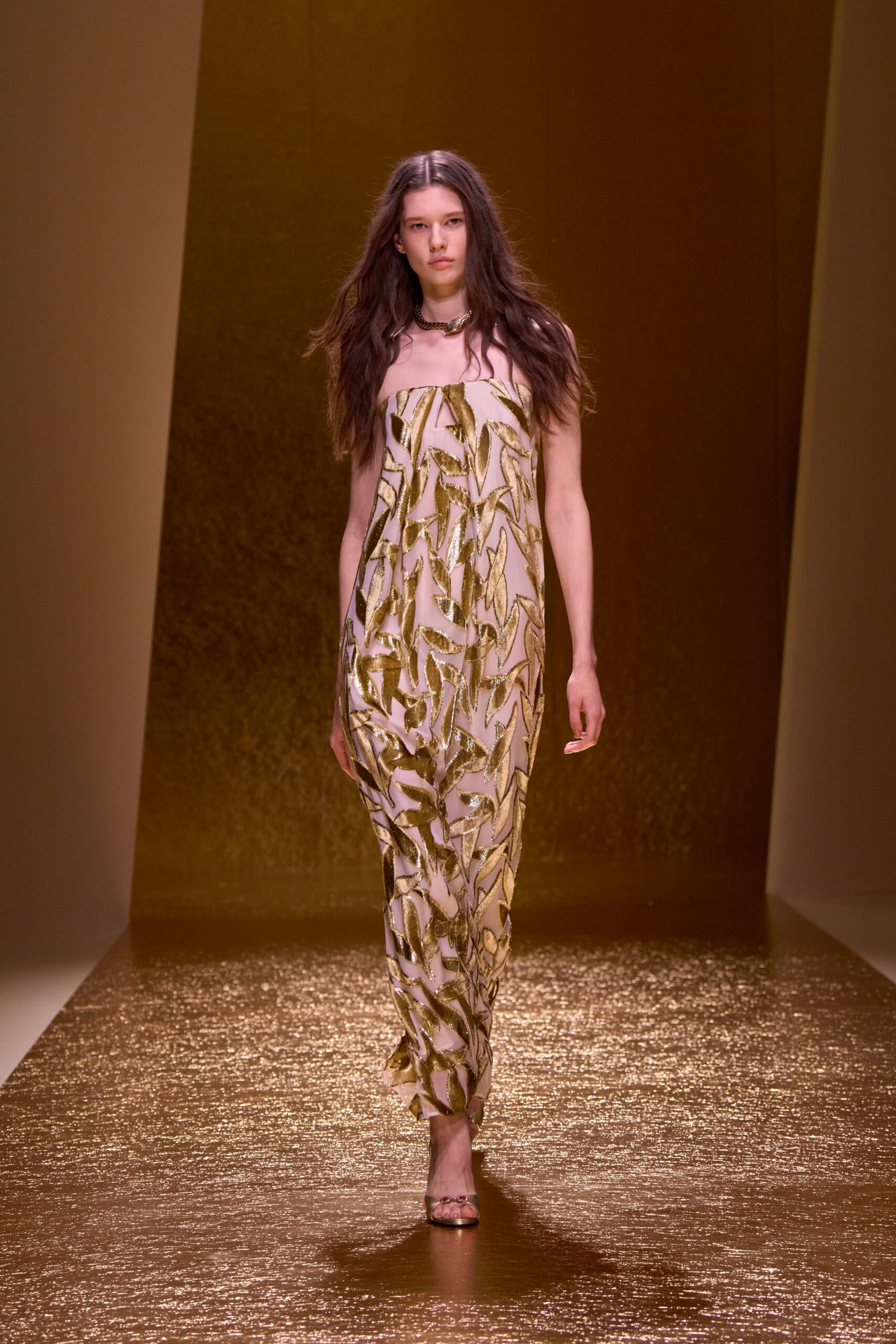 gold silk sleeveless high-neck fitted printed shiny gown