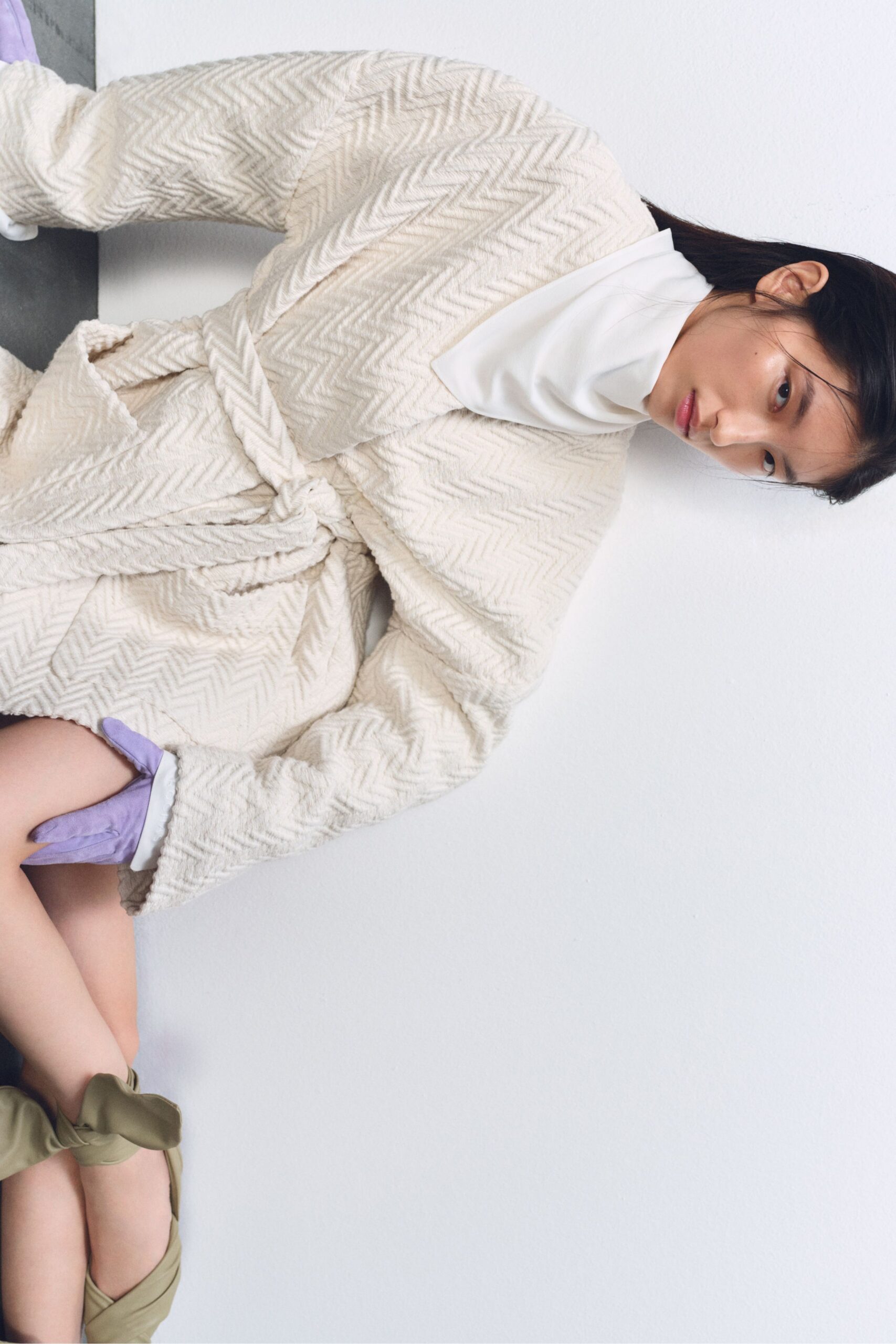 beige cotton long-sleeve collared relaxed belted textured coat
