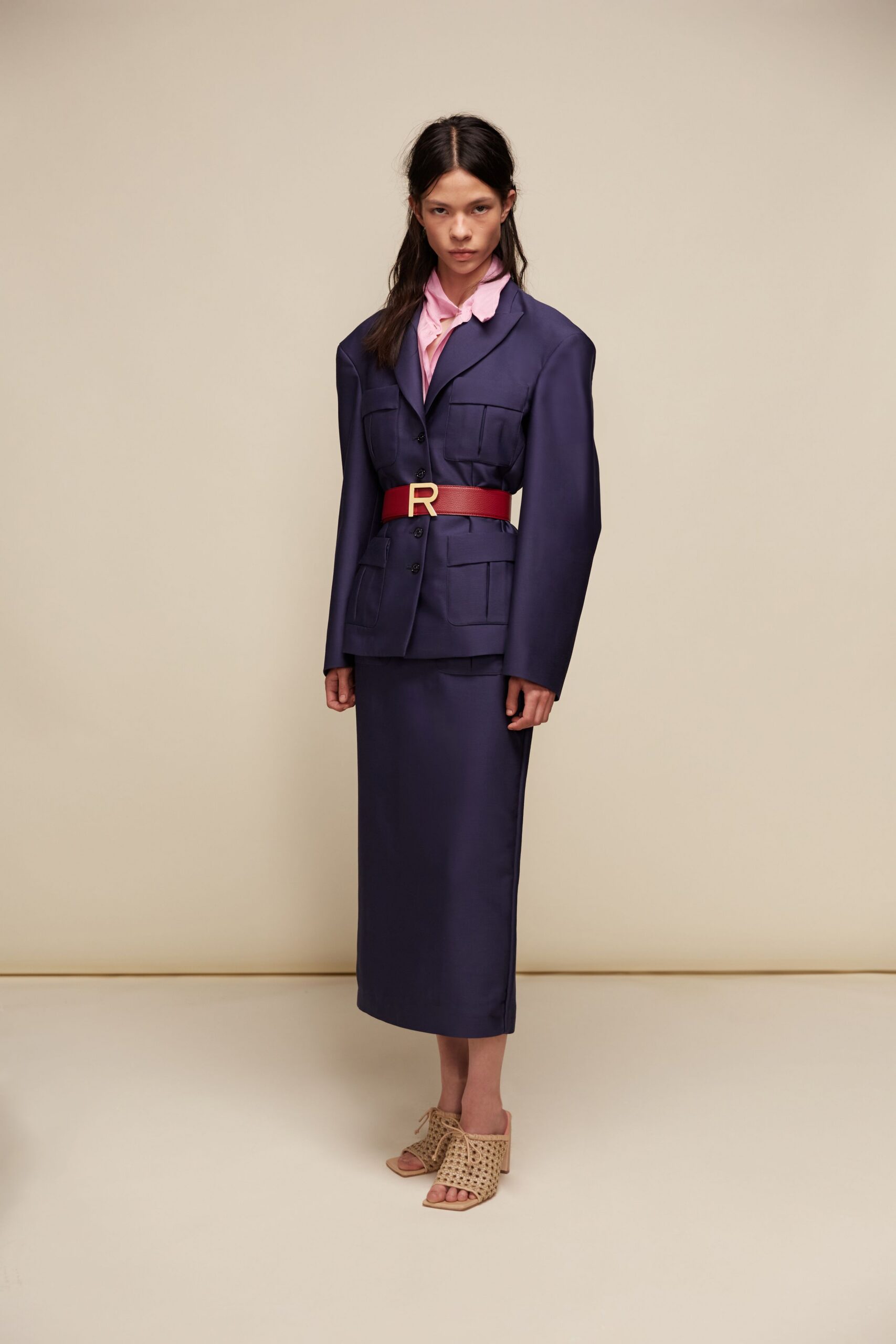 blue silk long-sleeve collared structured buttoned blazer