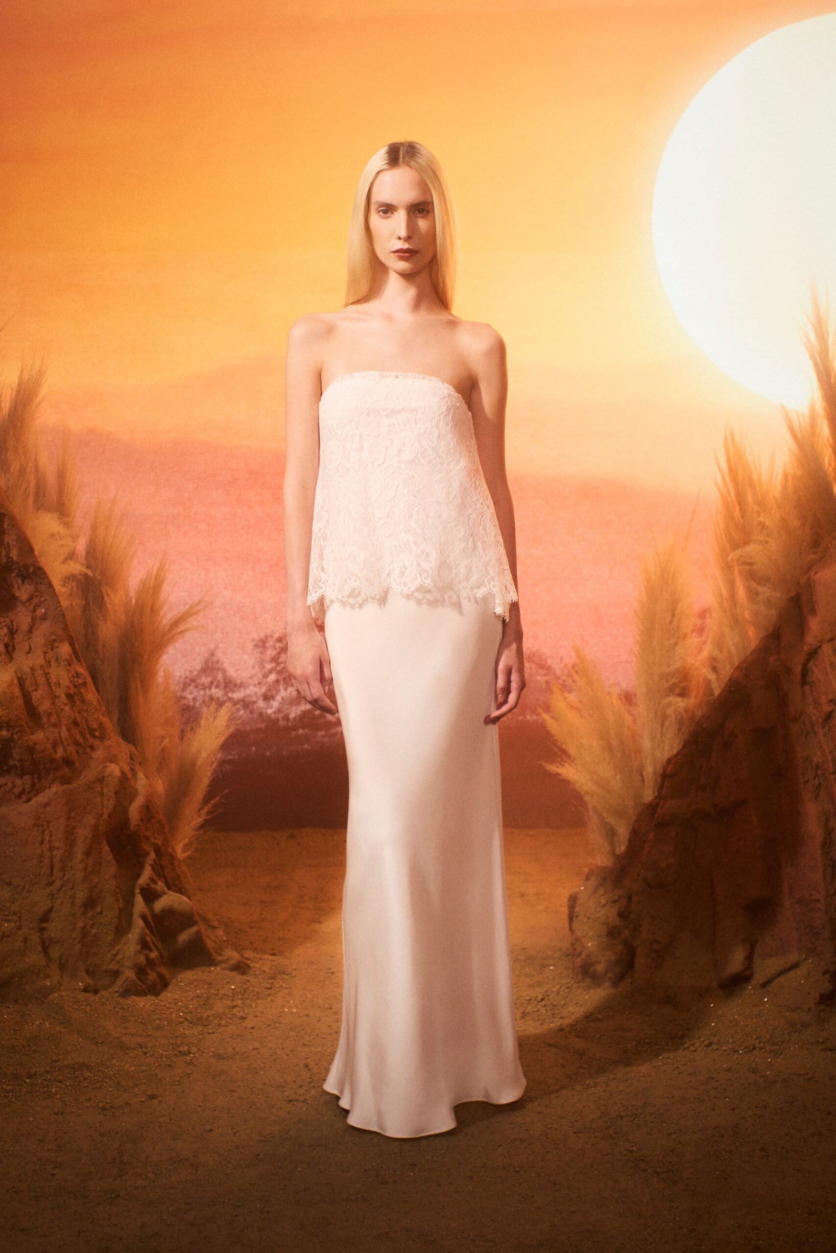 white strapless silk gown