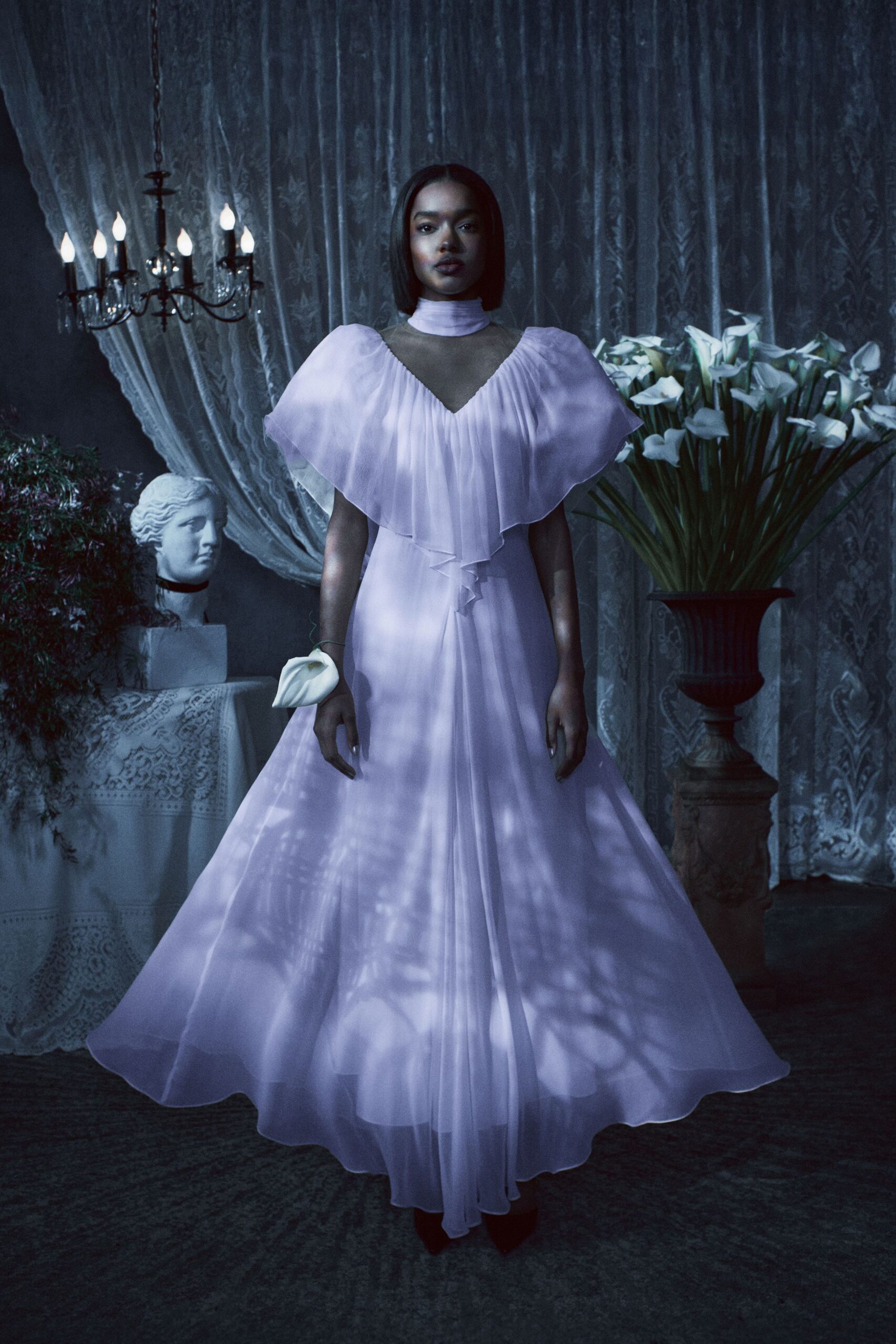 lavender chiffon sleeveless high-neck fitted draped tiered gown