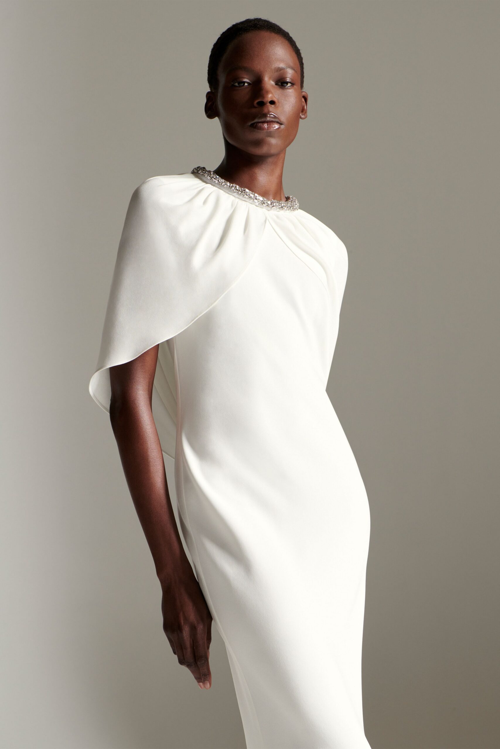white silk fitted gown
