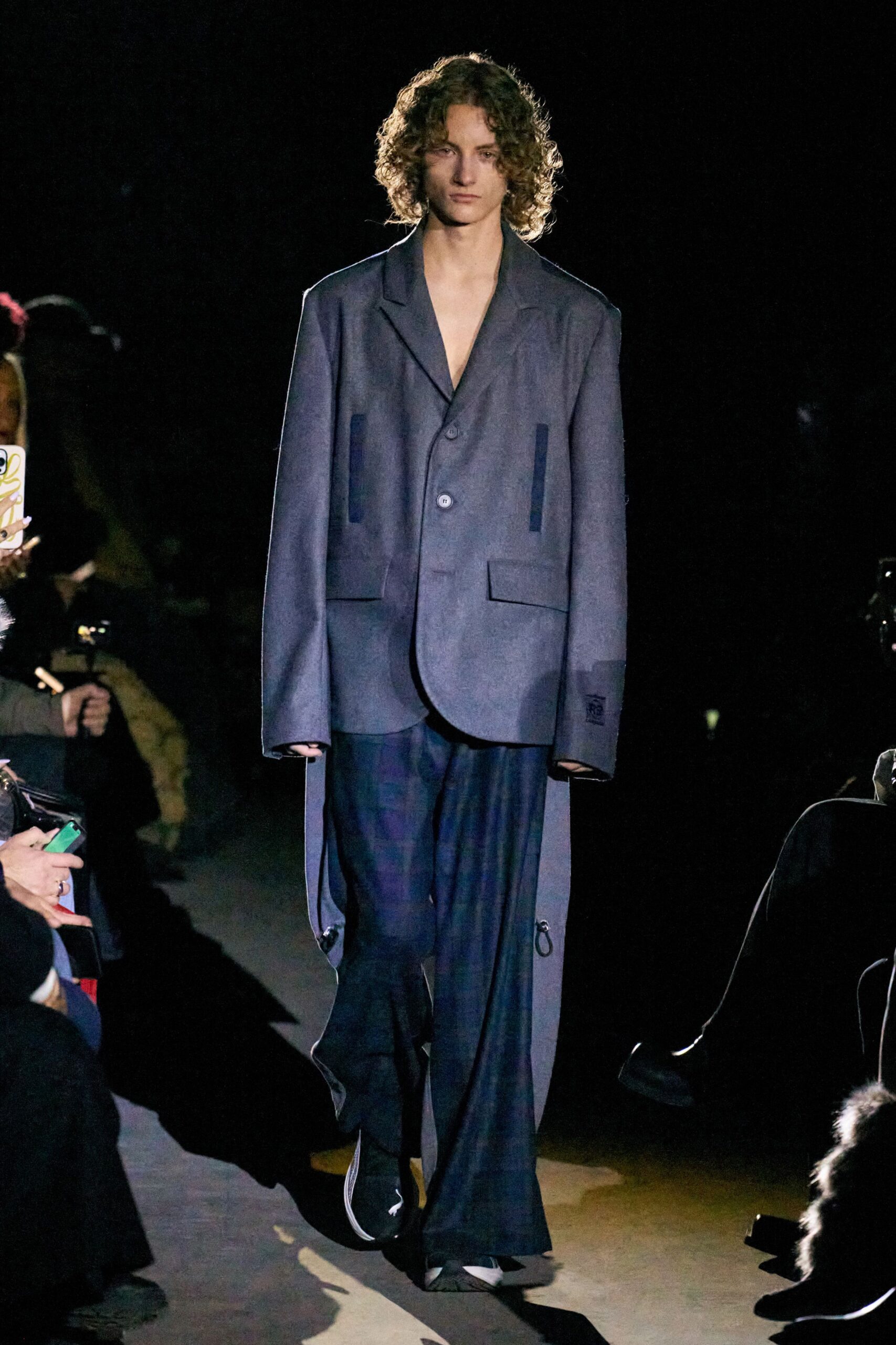 gray wool relaxed blazer and plaid pants