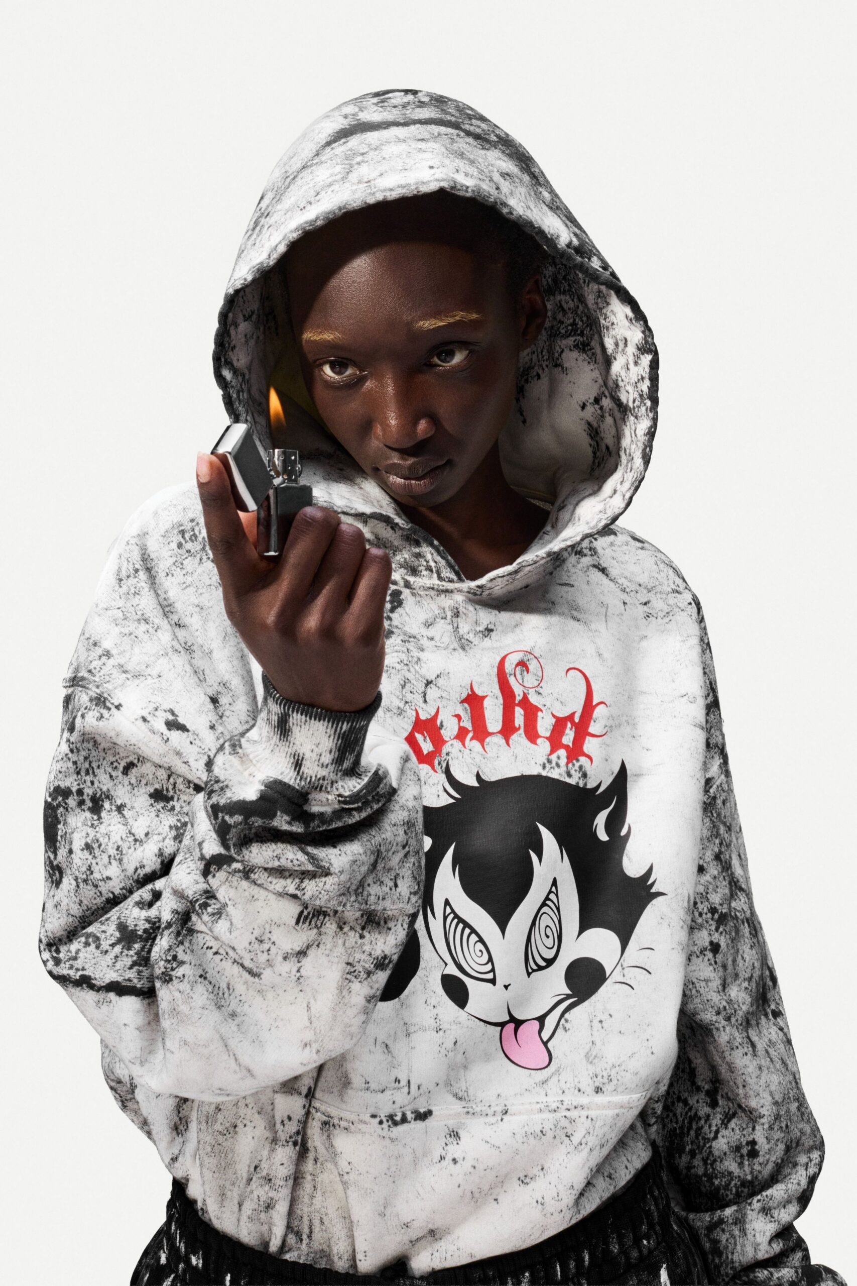 black and white printed hoodie with cargo pants