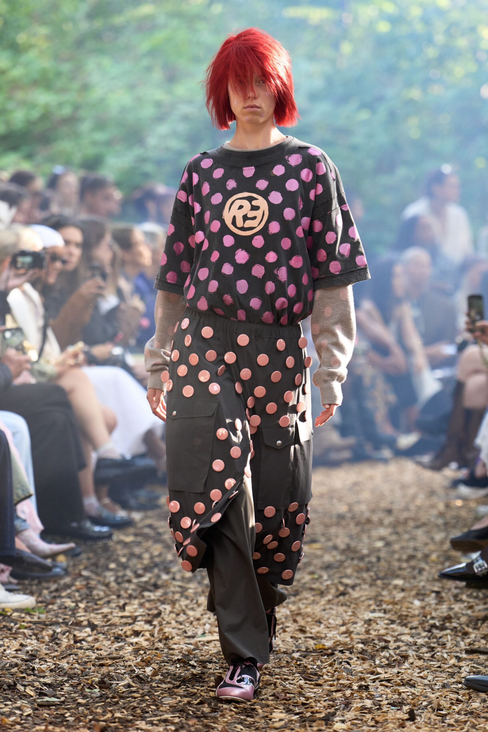 black and pink polka-dot outfit