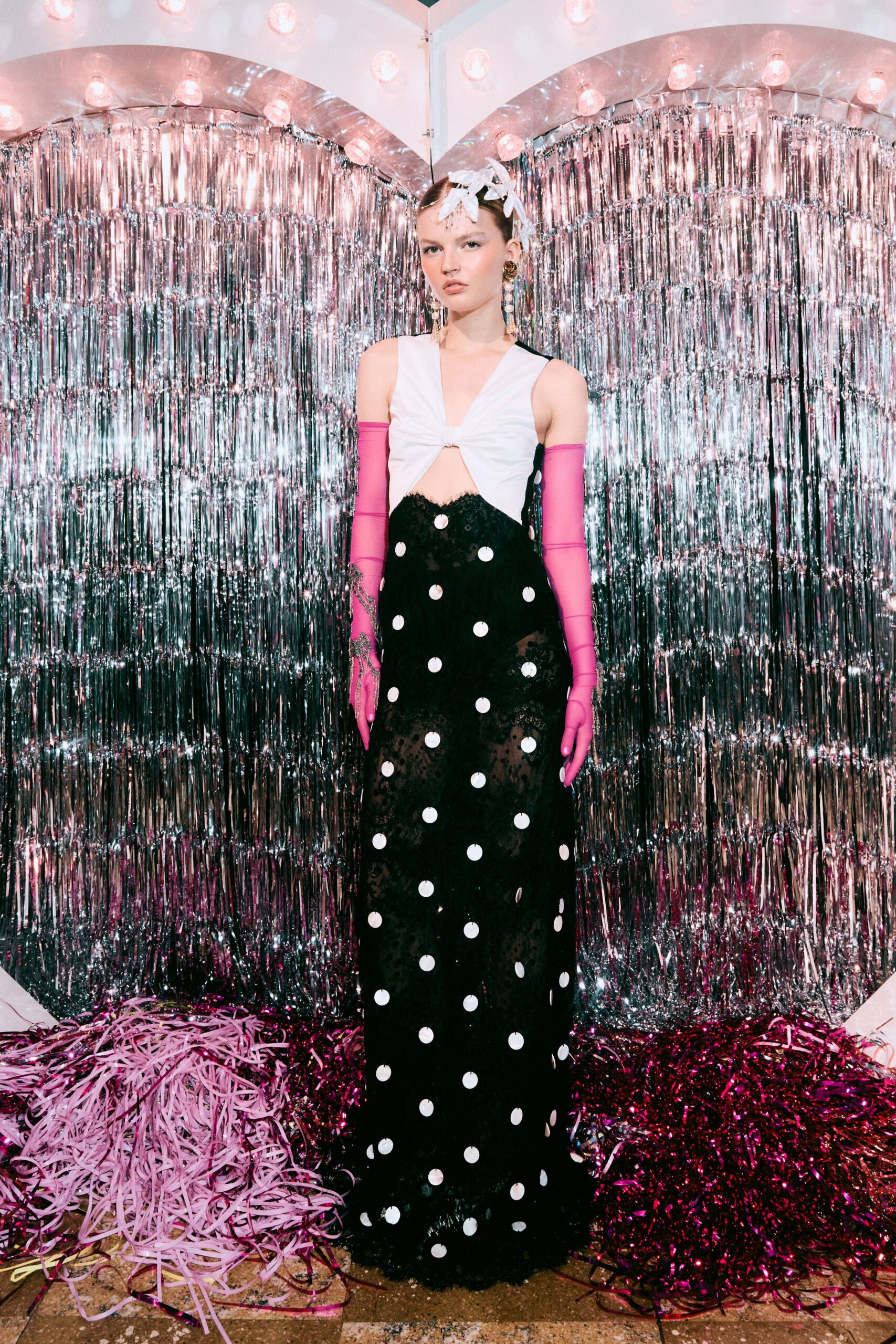 black silk sleeveless v-neck fitted polka-dot draped gown