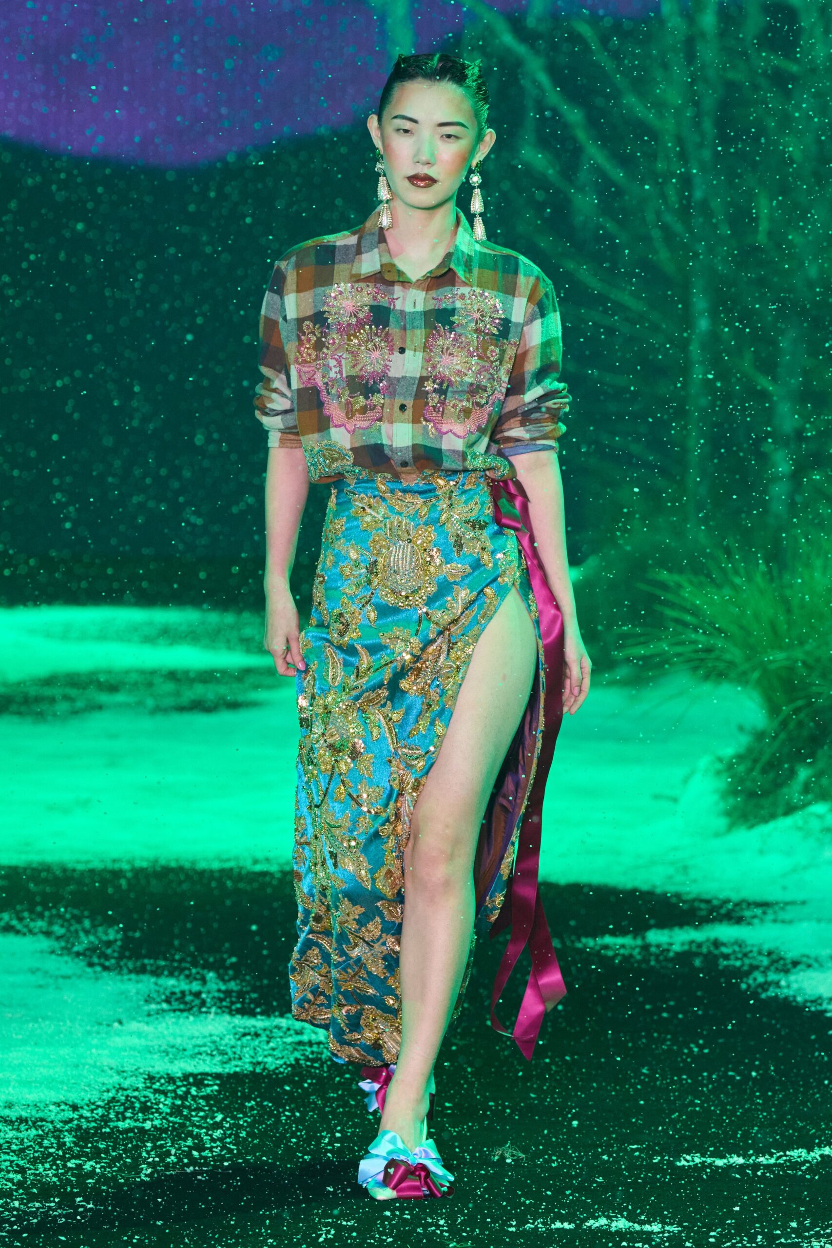 blue silk slit fitted high-waisted embroidered tiered skirt