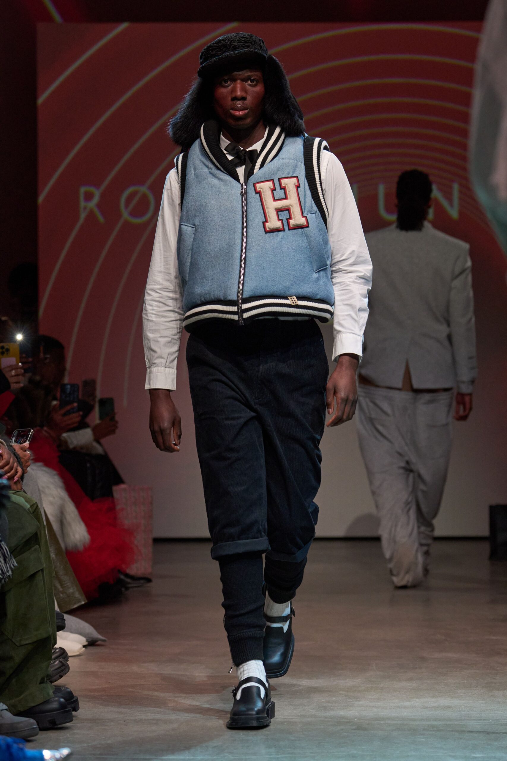 blue denim sleeveless collared fitted embroidered vest