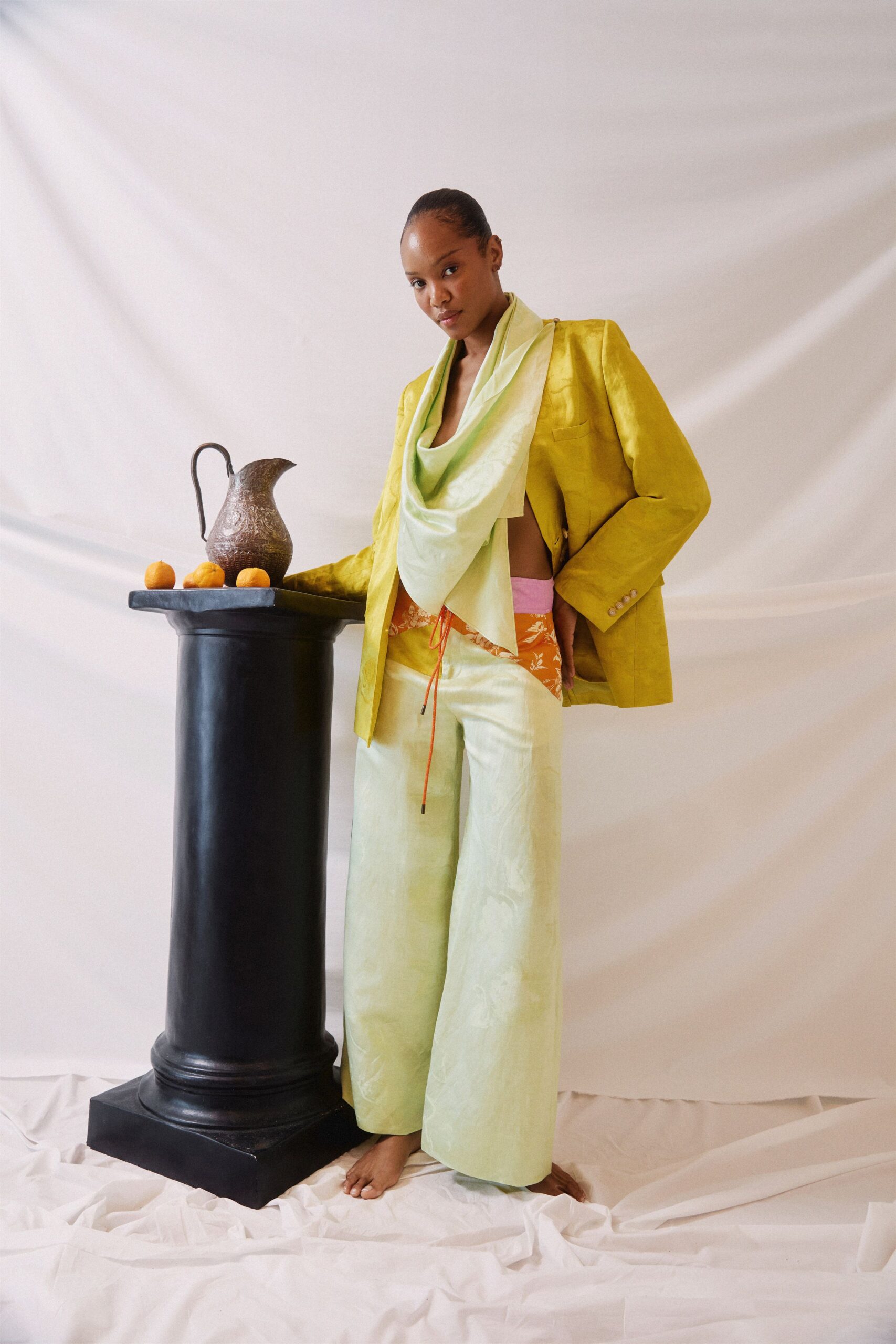 yellow silk long-sleeve collared tailored blazer