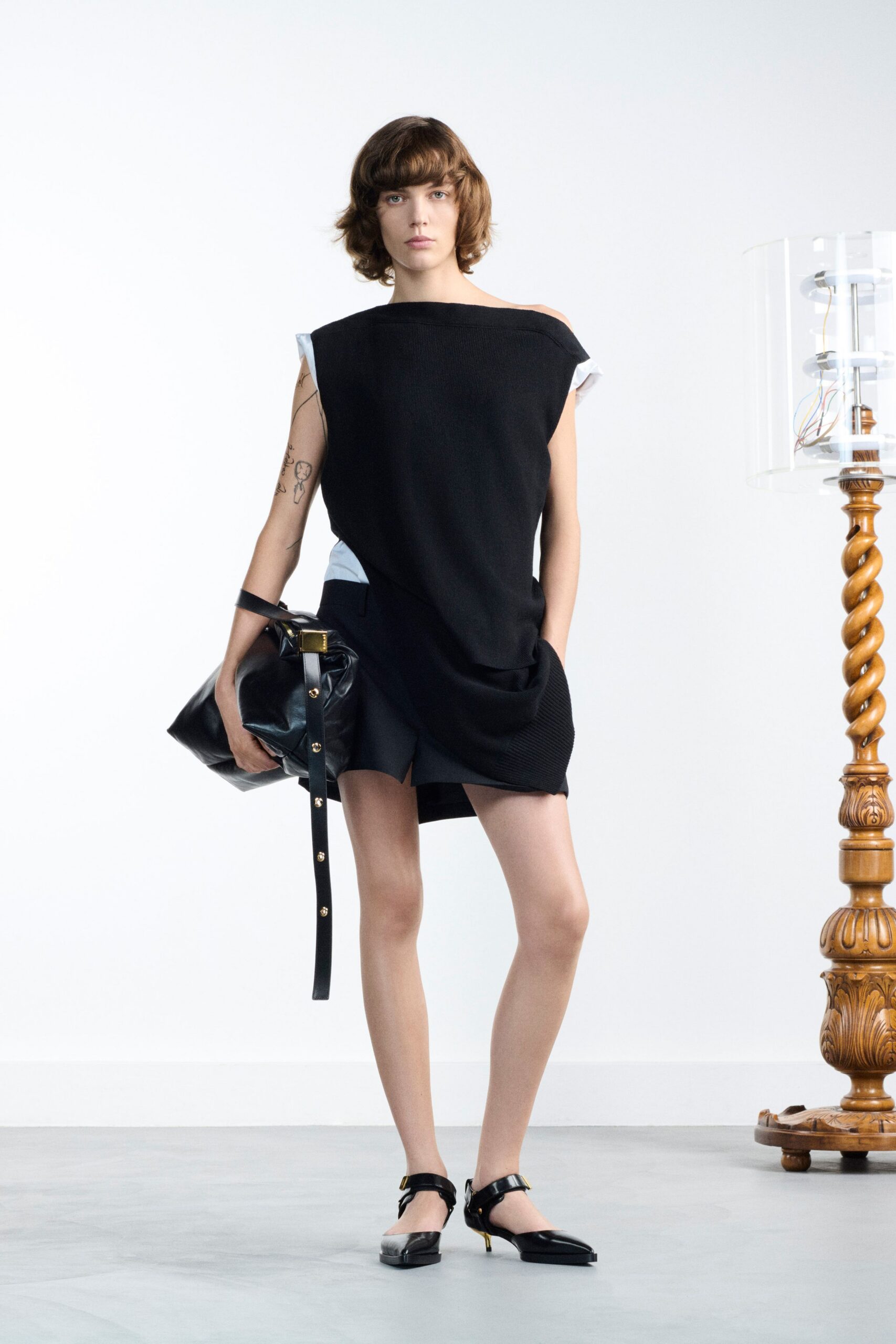 black cotton sleeveless asymmetric relaxed layered short dress