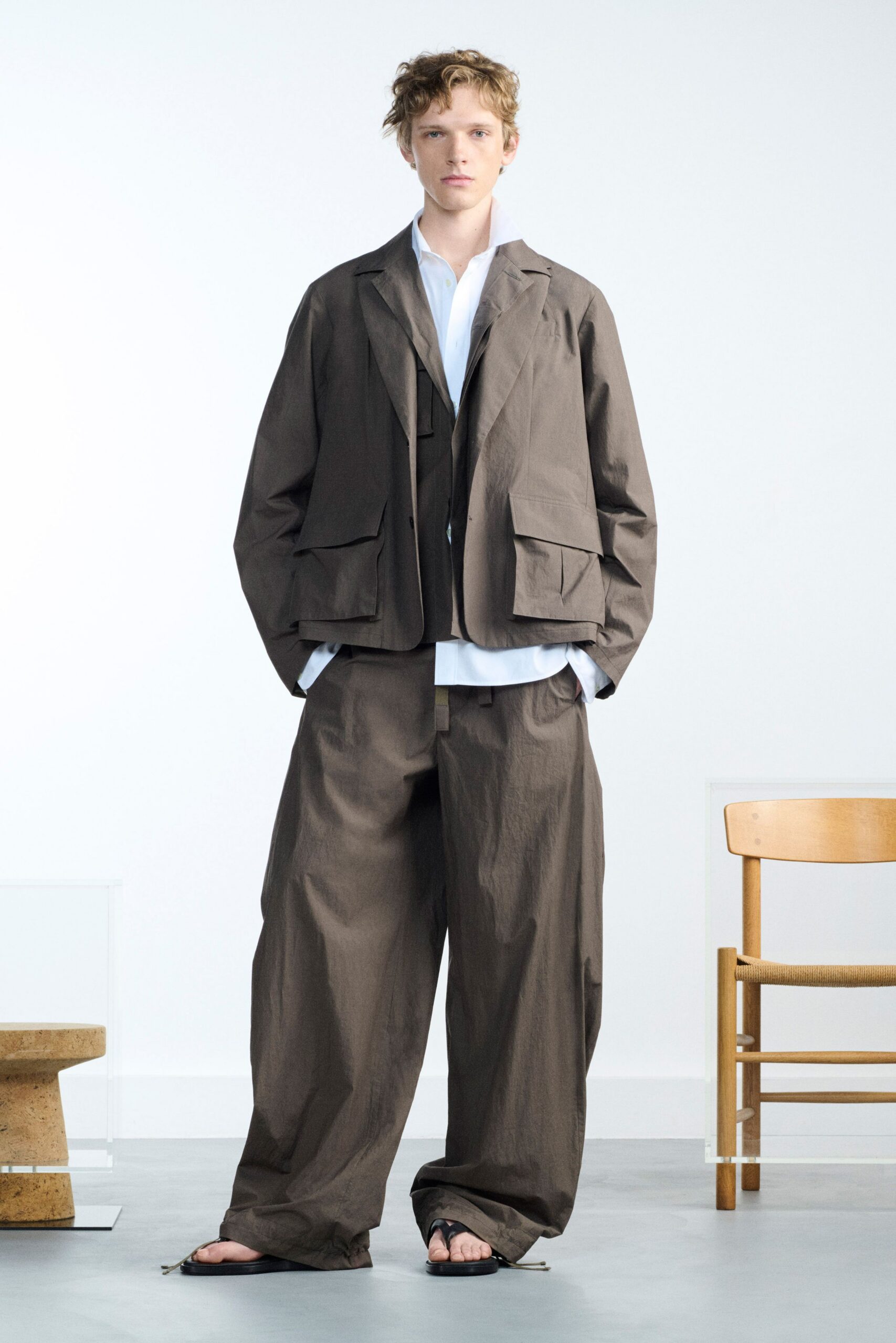 brown relaxed jacket with white shirt
