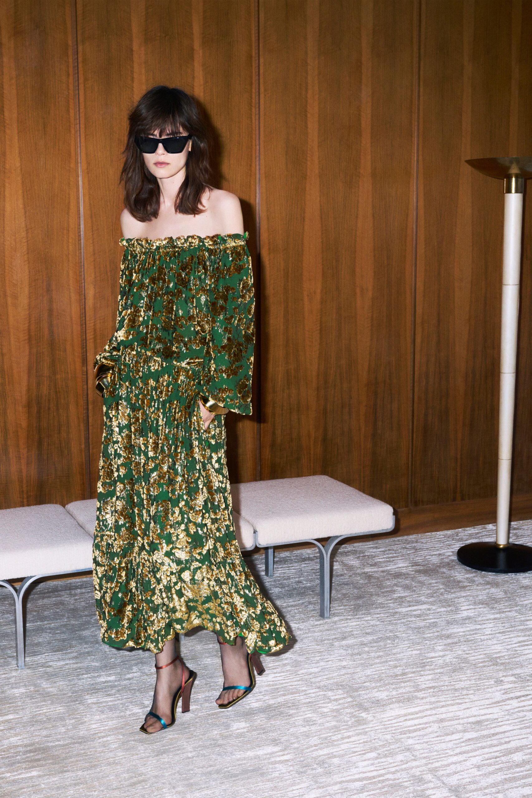 green silk off-shoulder long-sleeve relaxed pleated flared dress