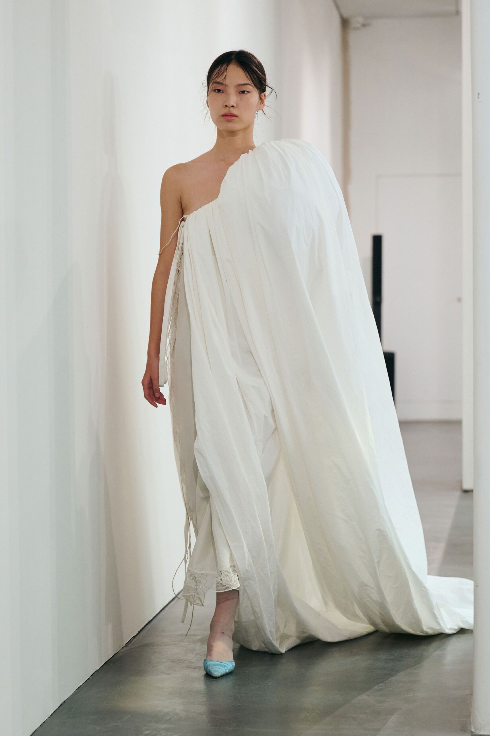 white cotton strapless relaxed draped maxi gown