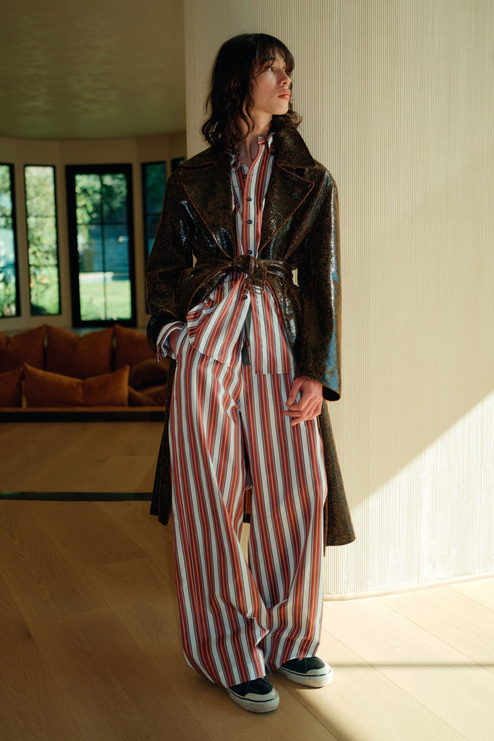 brown velvet long-sleeve collared relaxed belted shiny coat