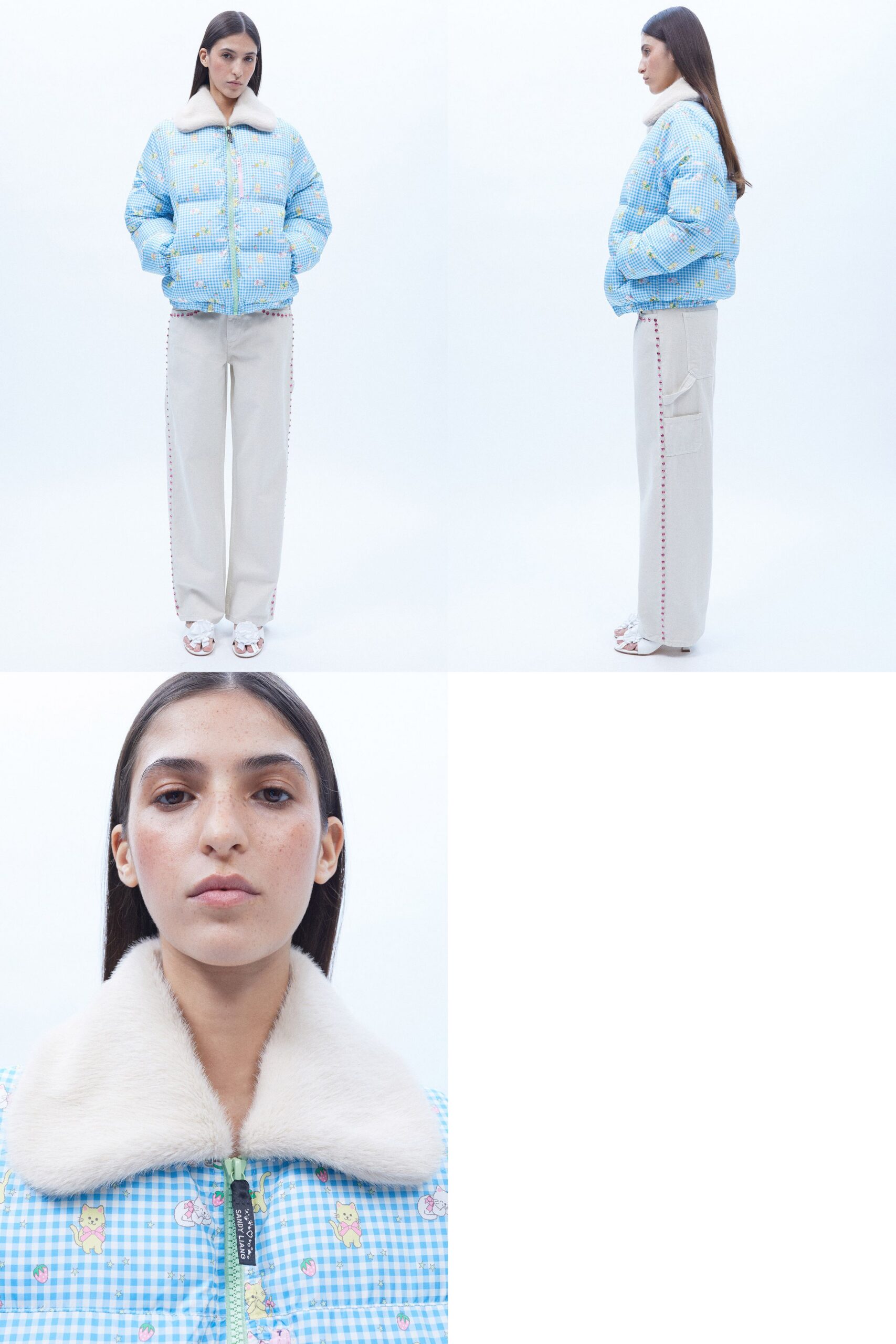 blue checked jacket with beige pants