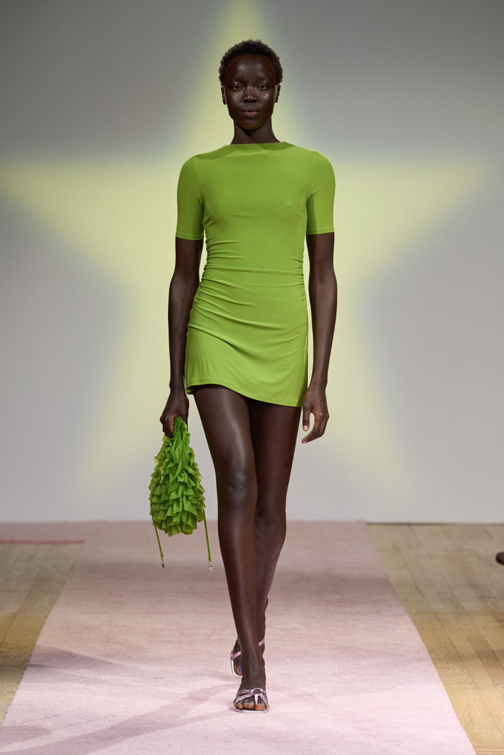 green cotton short-sleeve scoop-neck fitted ruched mini mini-dress