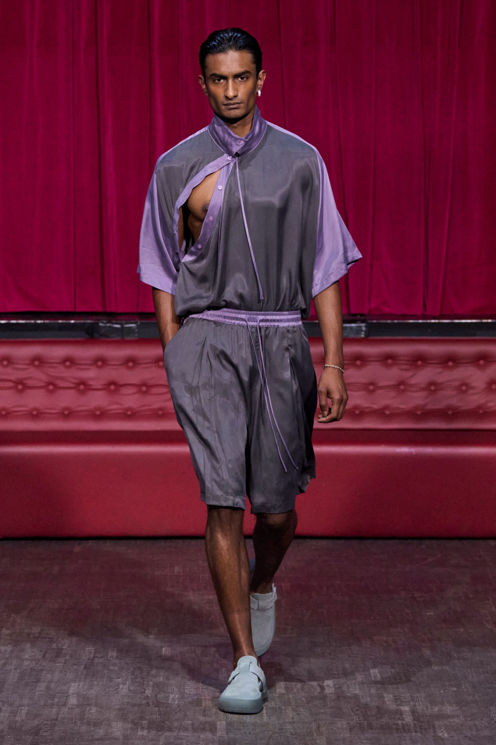 gray silk short-sleeve collared relaxed zippered layered romper