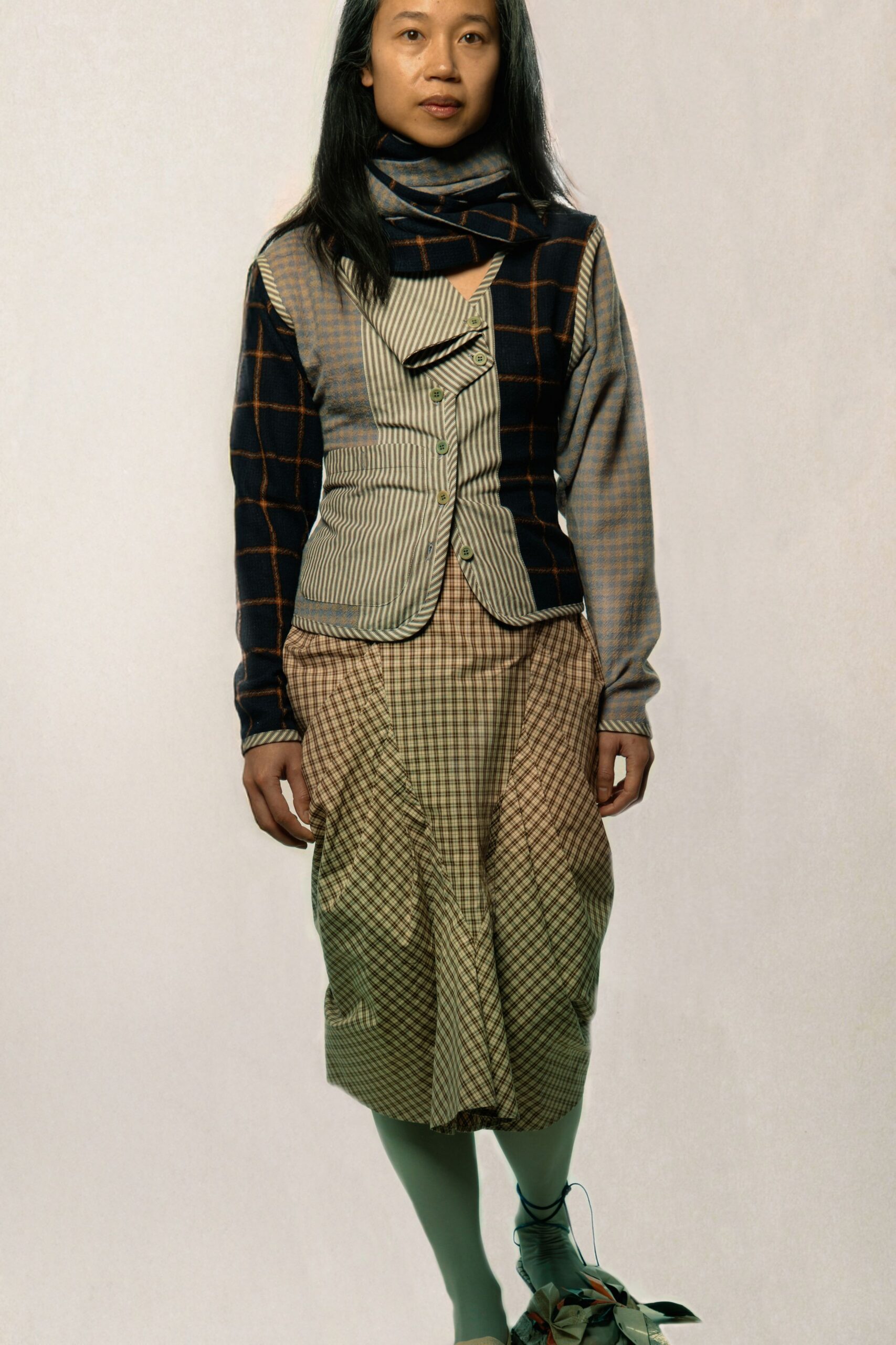 blue beige checked blazer with skirt