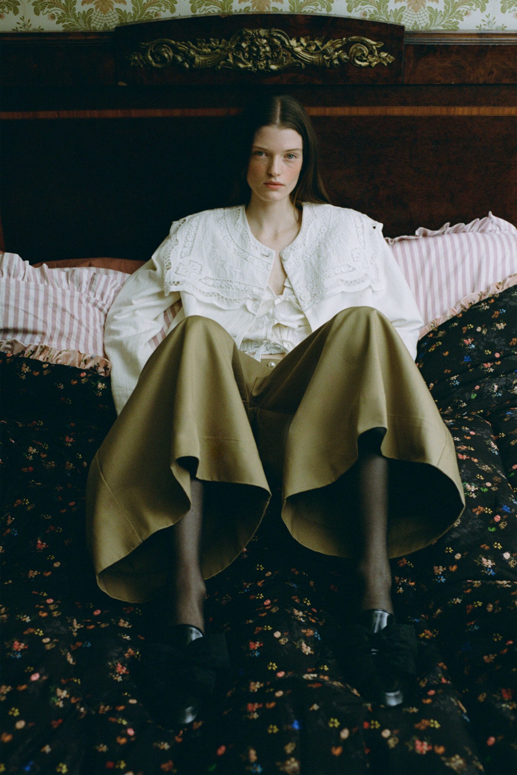 white embroidered blouse beige wide-leg pants