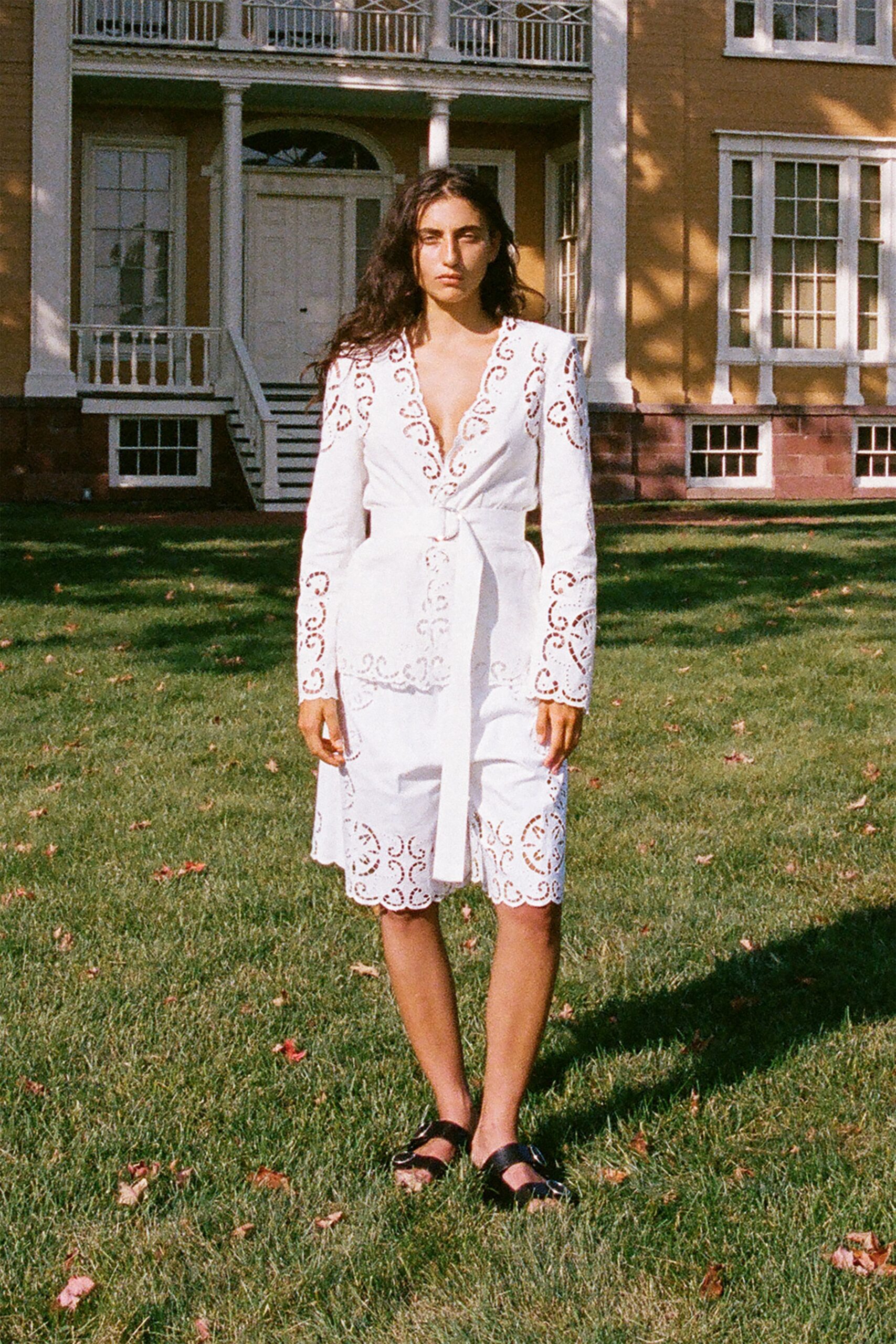 white cotton long-sleeve v-neck fitted embroidered belted dress