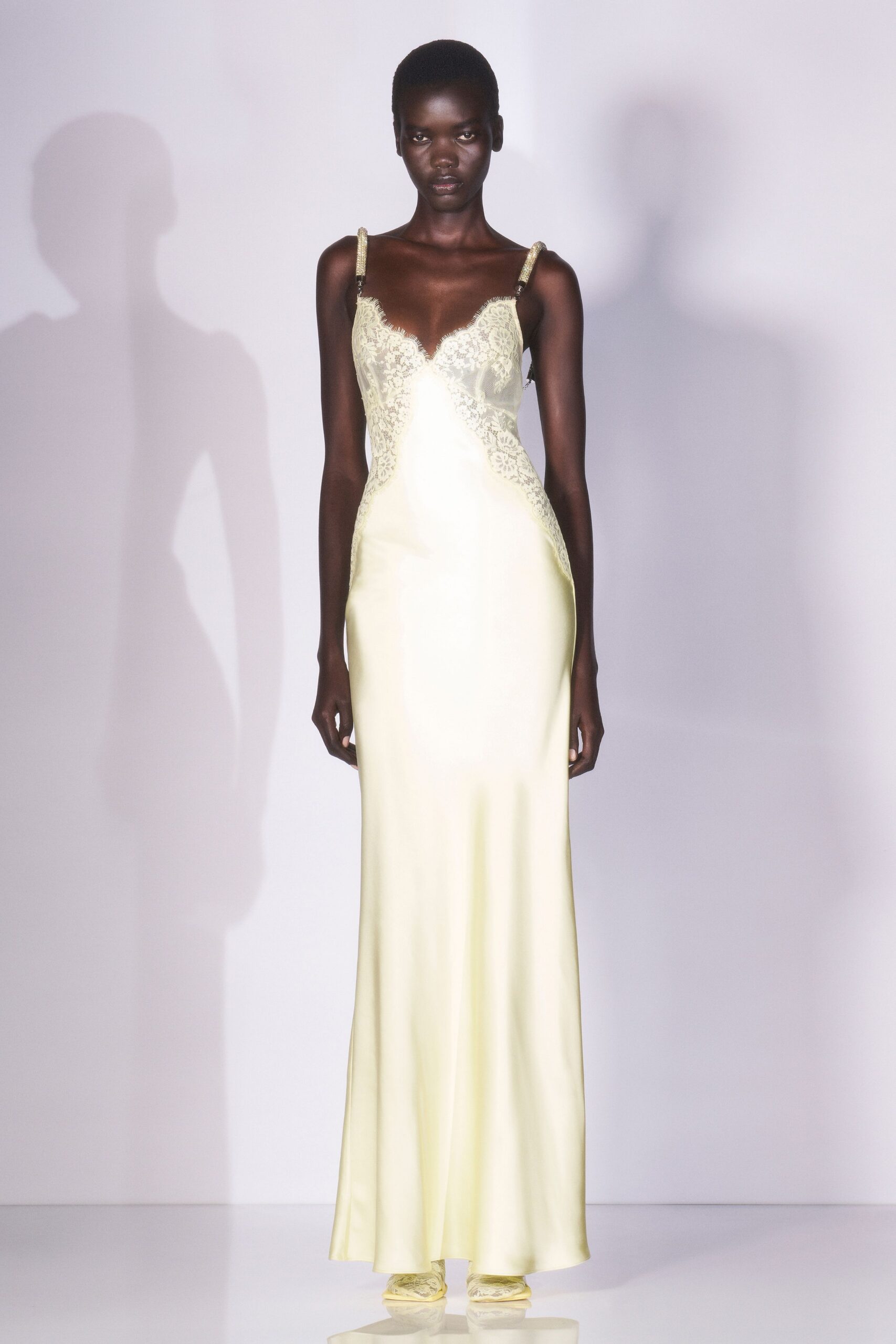 yellow silk embroidered gown