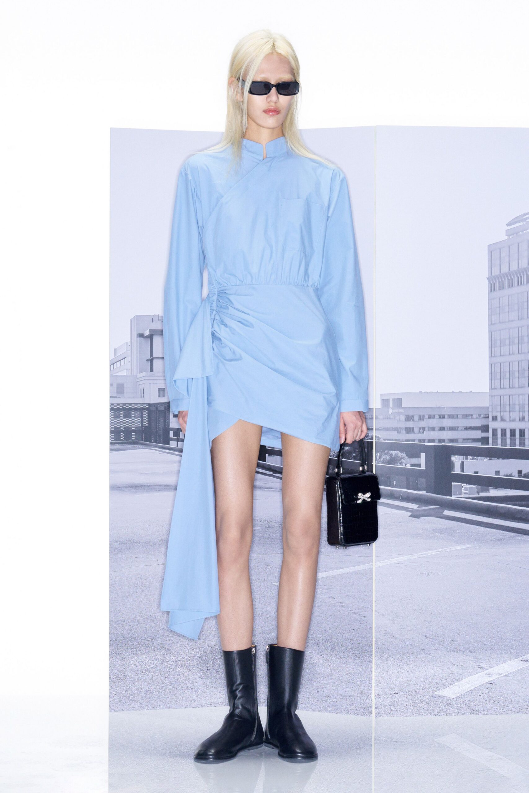 blue cotton long-sleeve collared fitted ruched mini dress