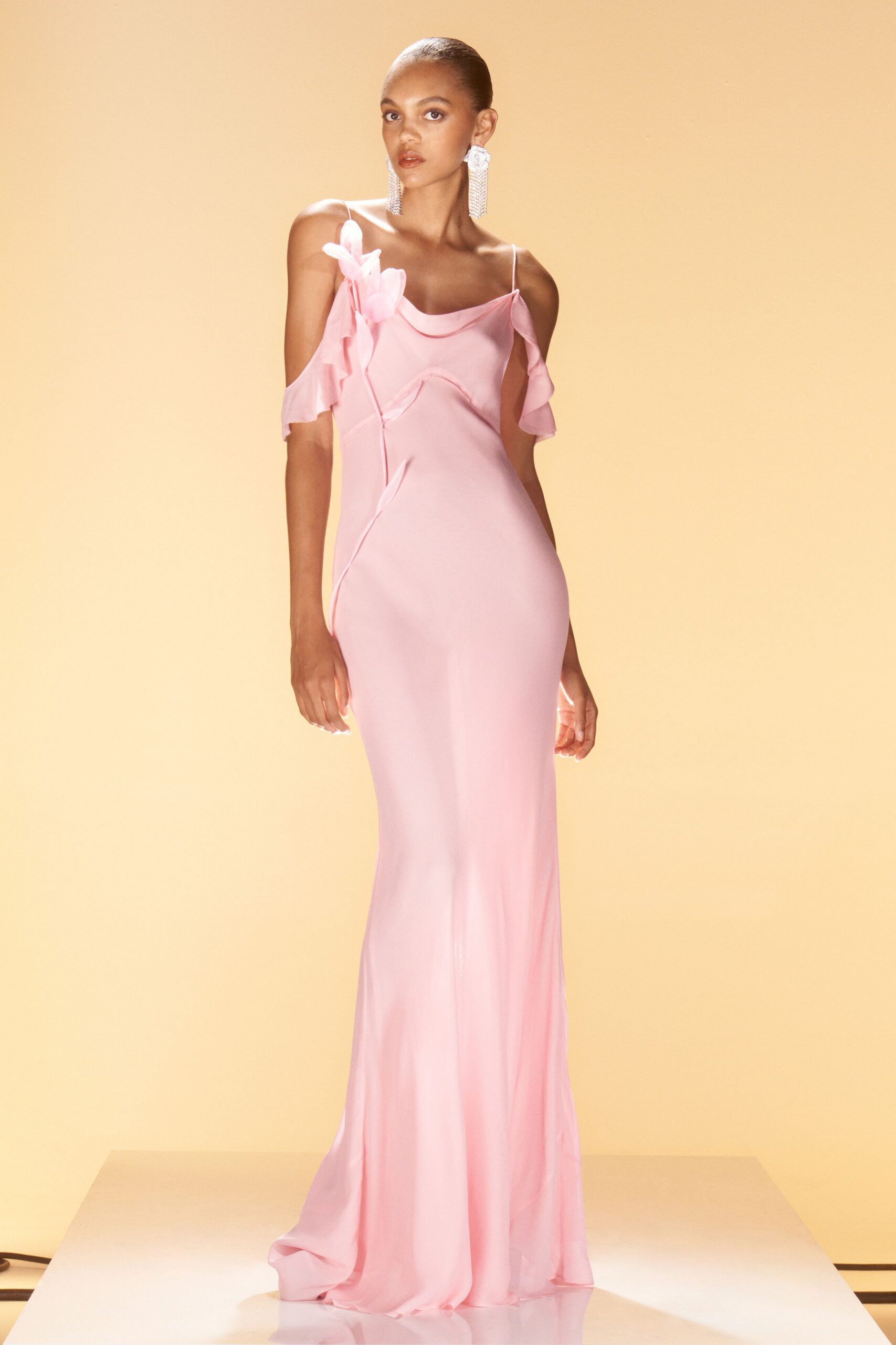 pink silk off-shoulder gown
