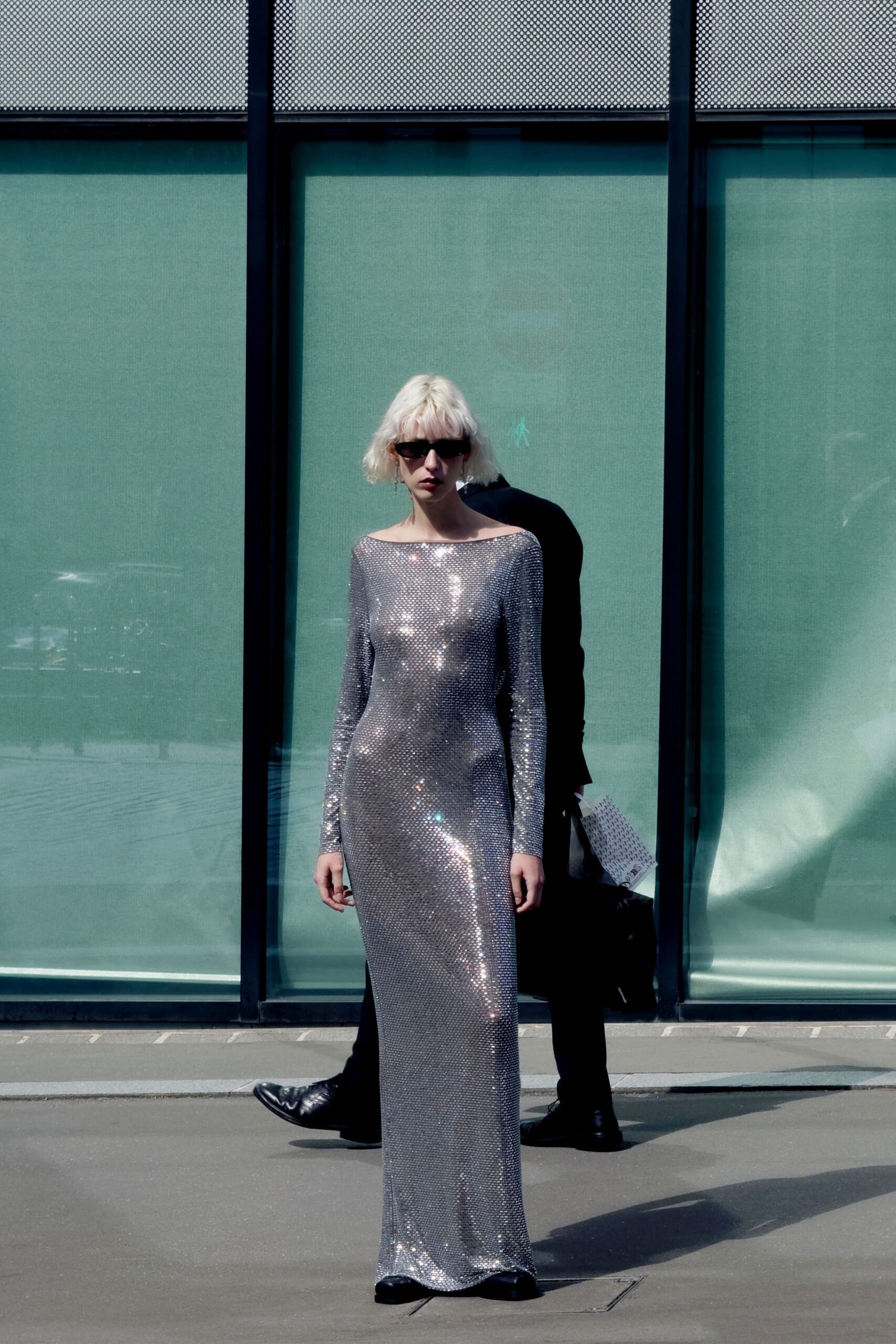 gray sequin long-sleeve off-shoulder fitted embellished shiny gown