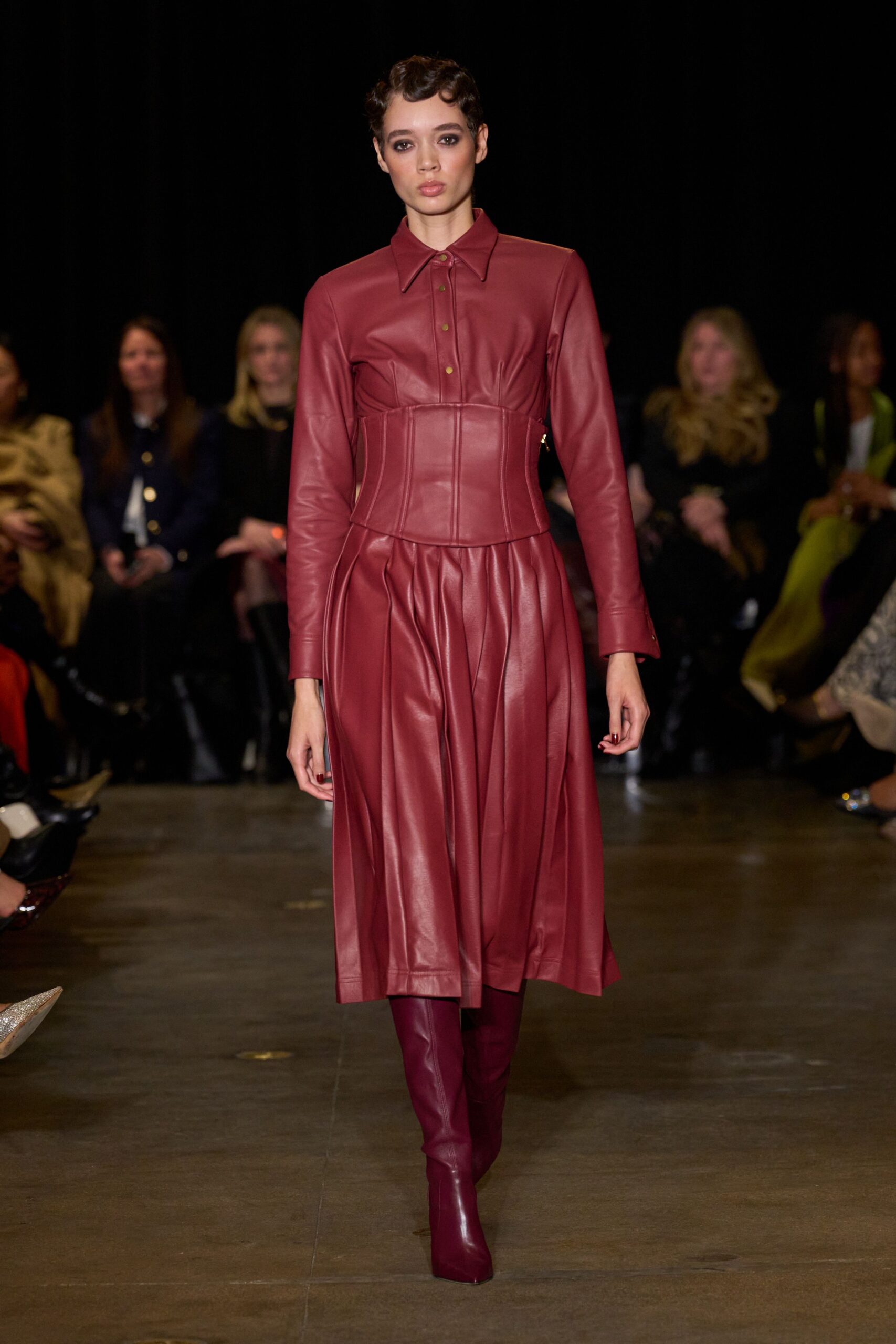 red leather long-sleeve collared fitted pleated midi dress