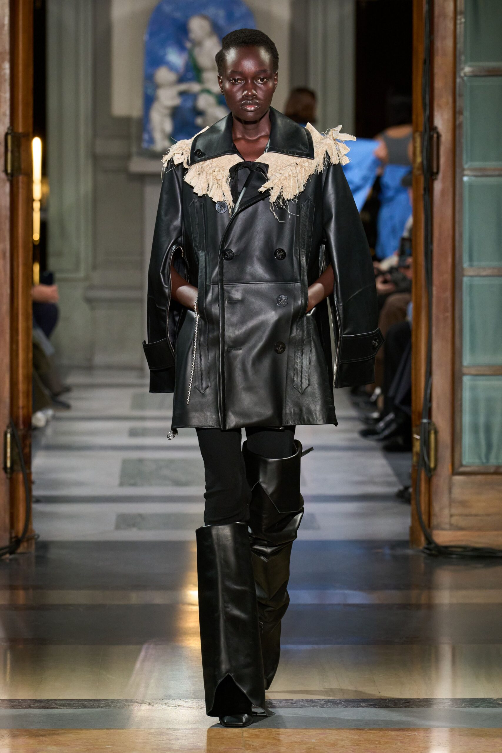 black leather coat and pants