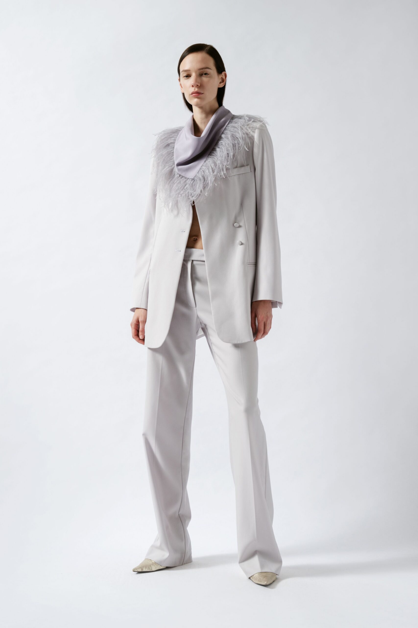 gray silk long-sleeve collared tailored fringed blazer