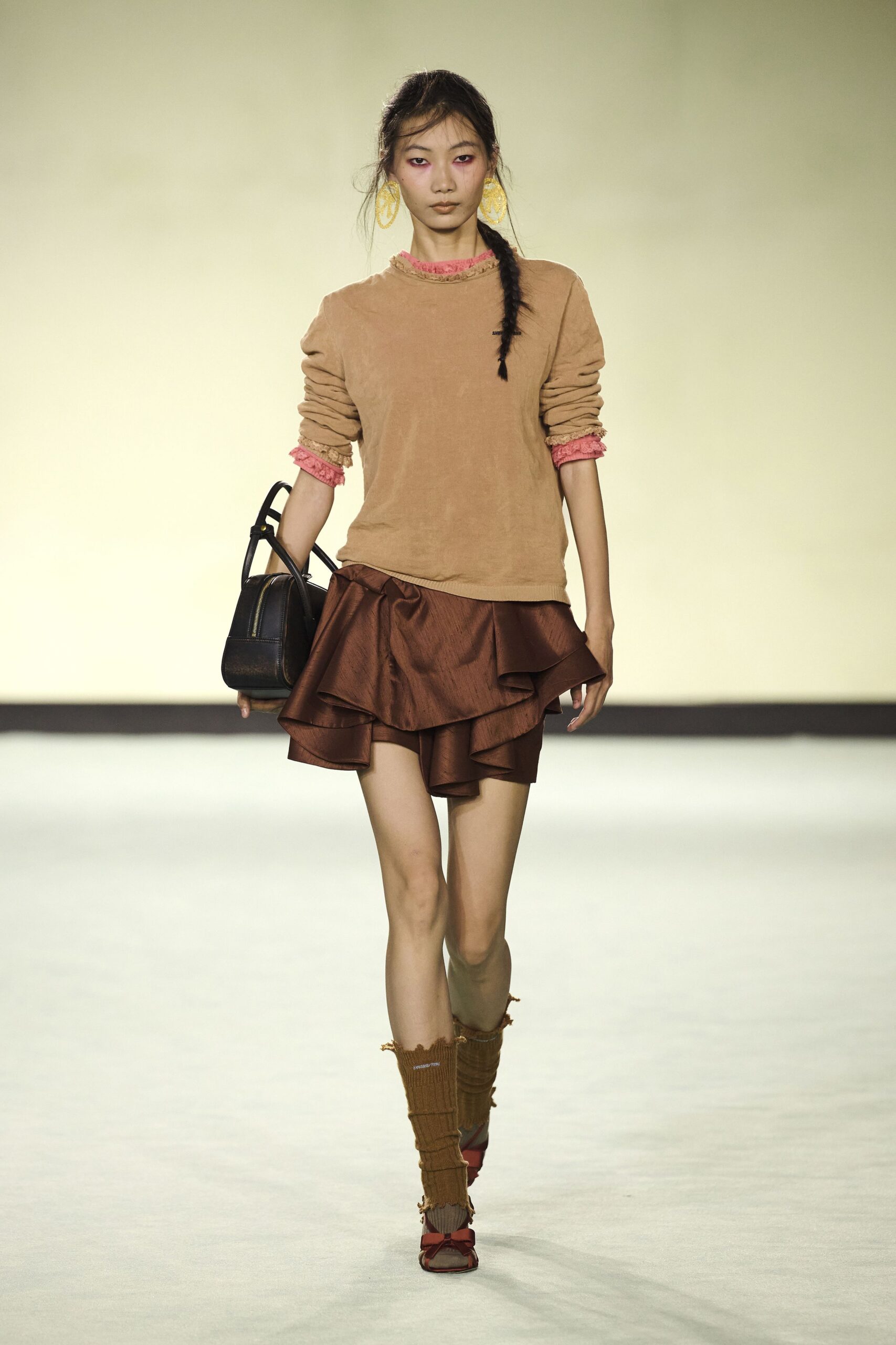 brown silk fitted flared mini skirt