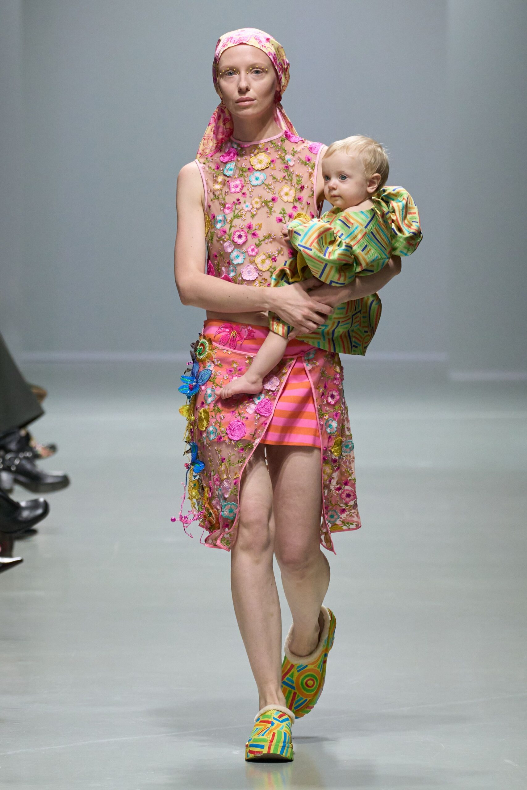 pink silk sleeveless high-neck fitted embroidered layered dress