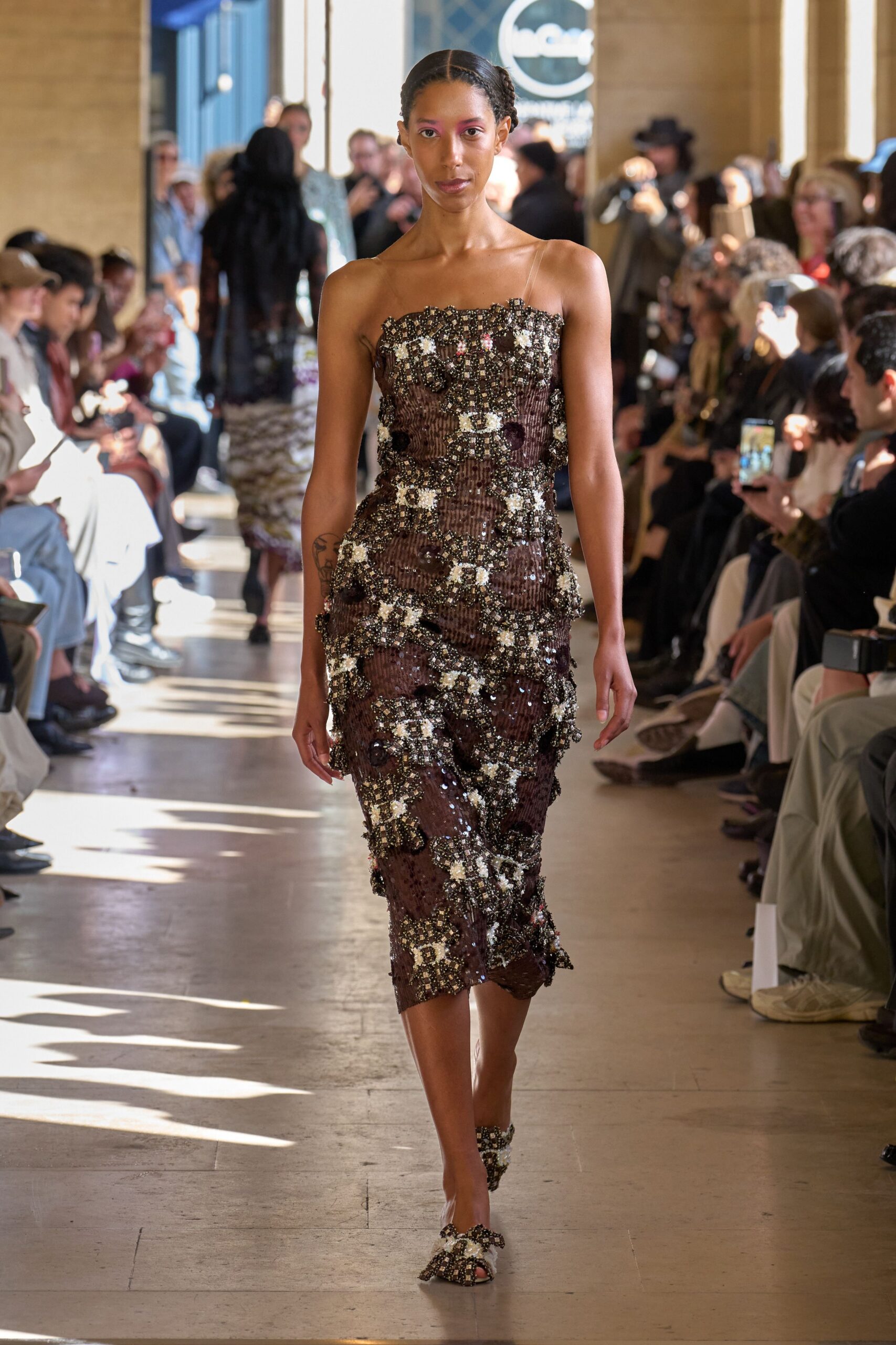 brown sequin strapless fitted layered embellished shiny dress