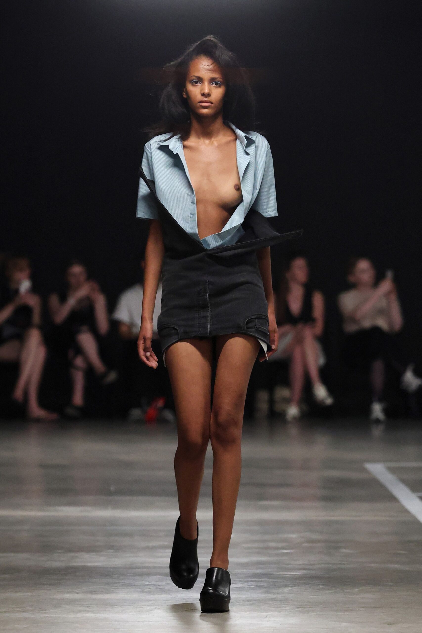 blue fitted shirt black mini skirt
