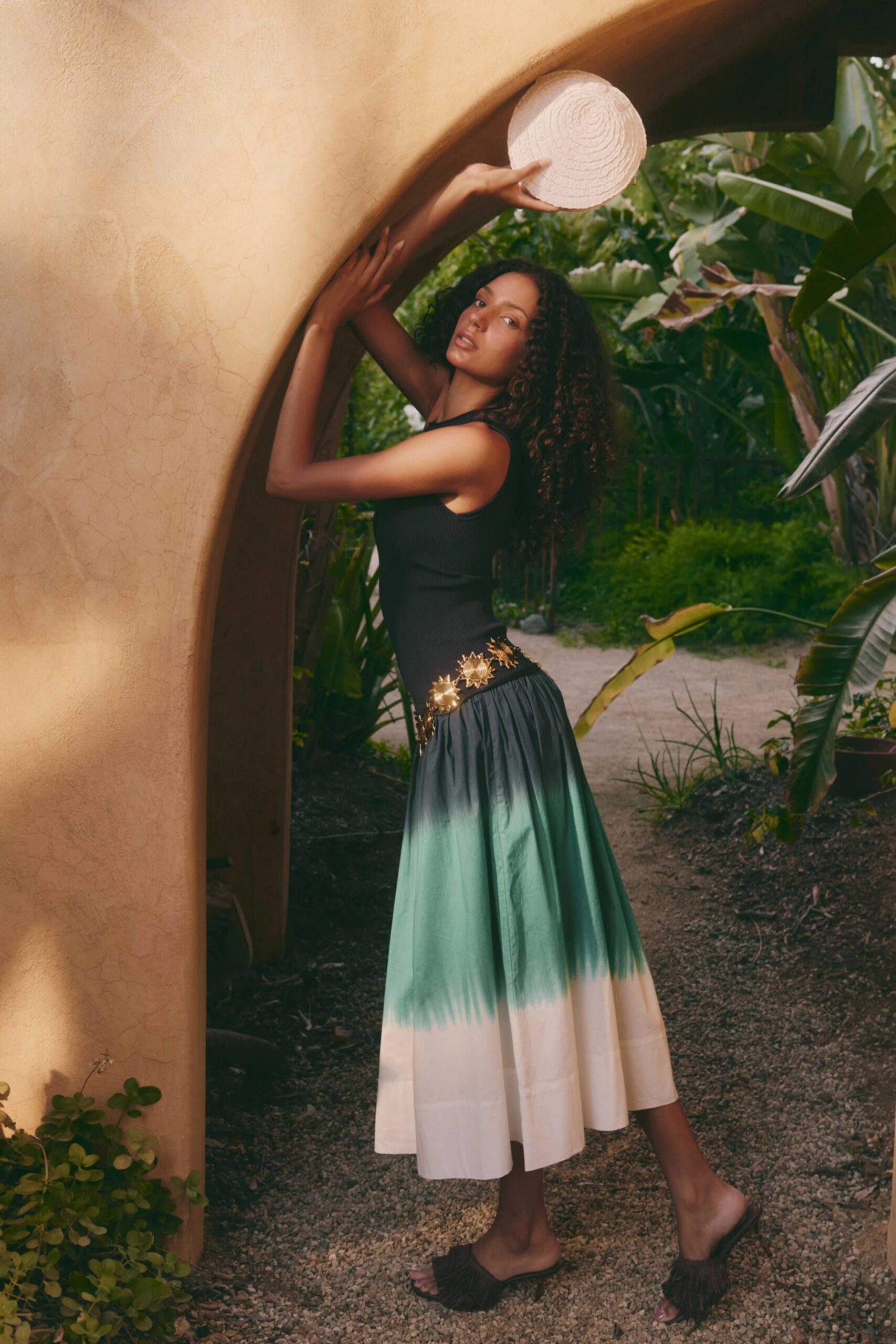 green cotton relaxed tiered midi skirt