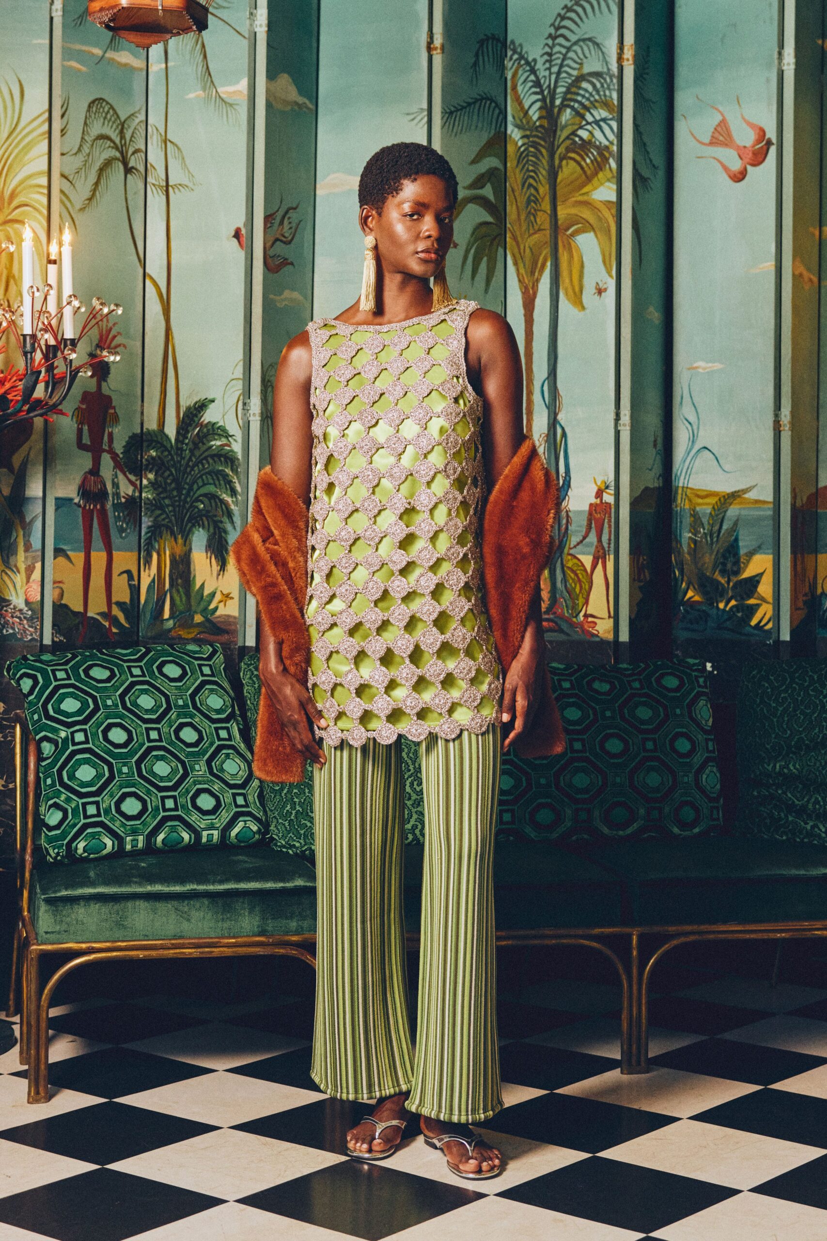 green silk sleeveless high-neck fitted layered embroidered top
