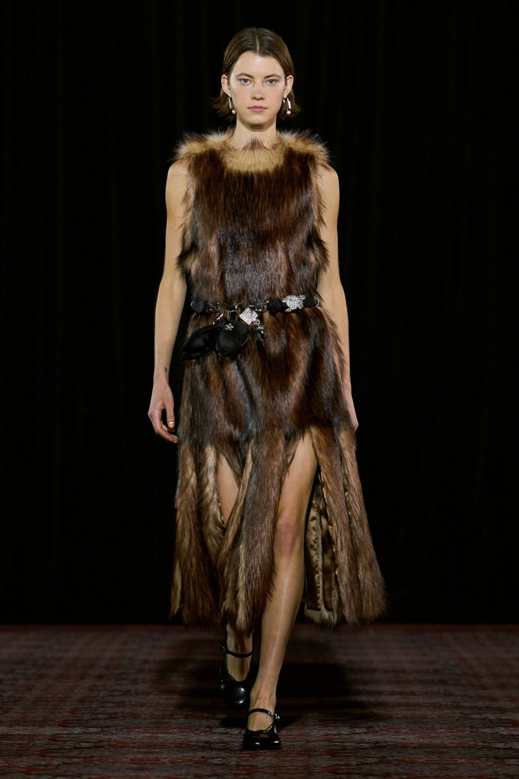 brown fur sleeveless v-neck fitted layered midi dress