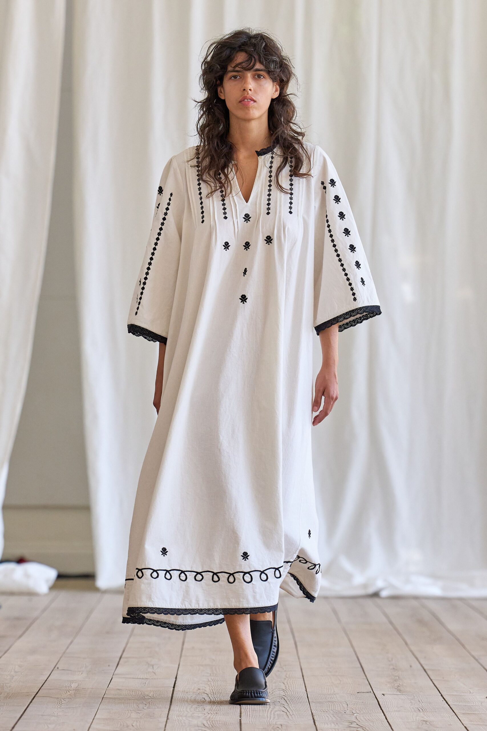 white cotton short-sleeve v-neck relaxed embroidered tiered dress