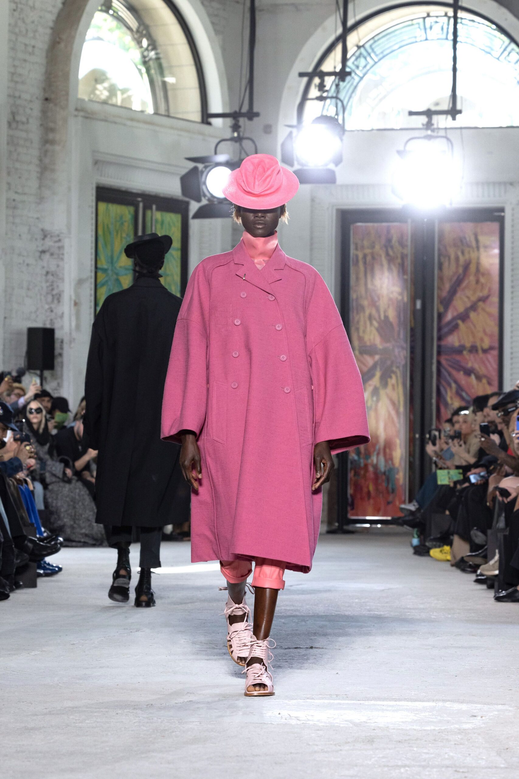pink long-sleeve double-breasted oversized coat
