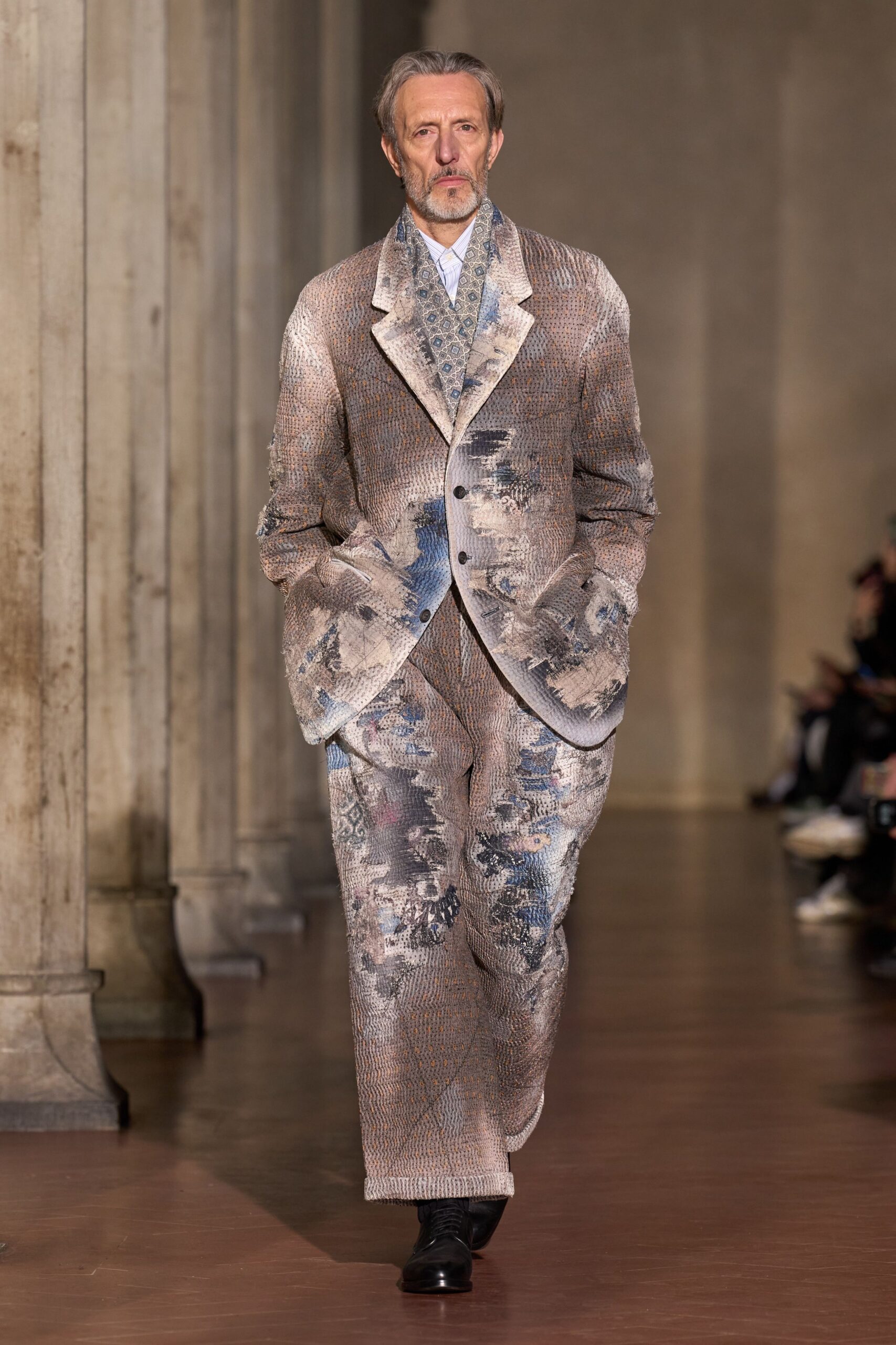 beige cotton long-sleeve collared tailored printed suit