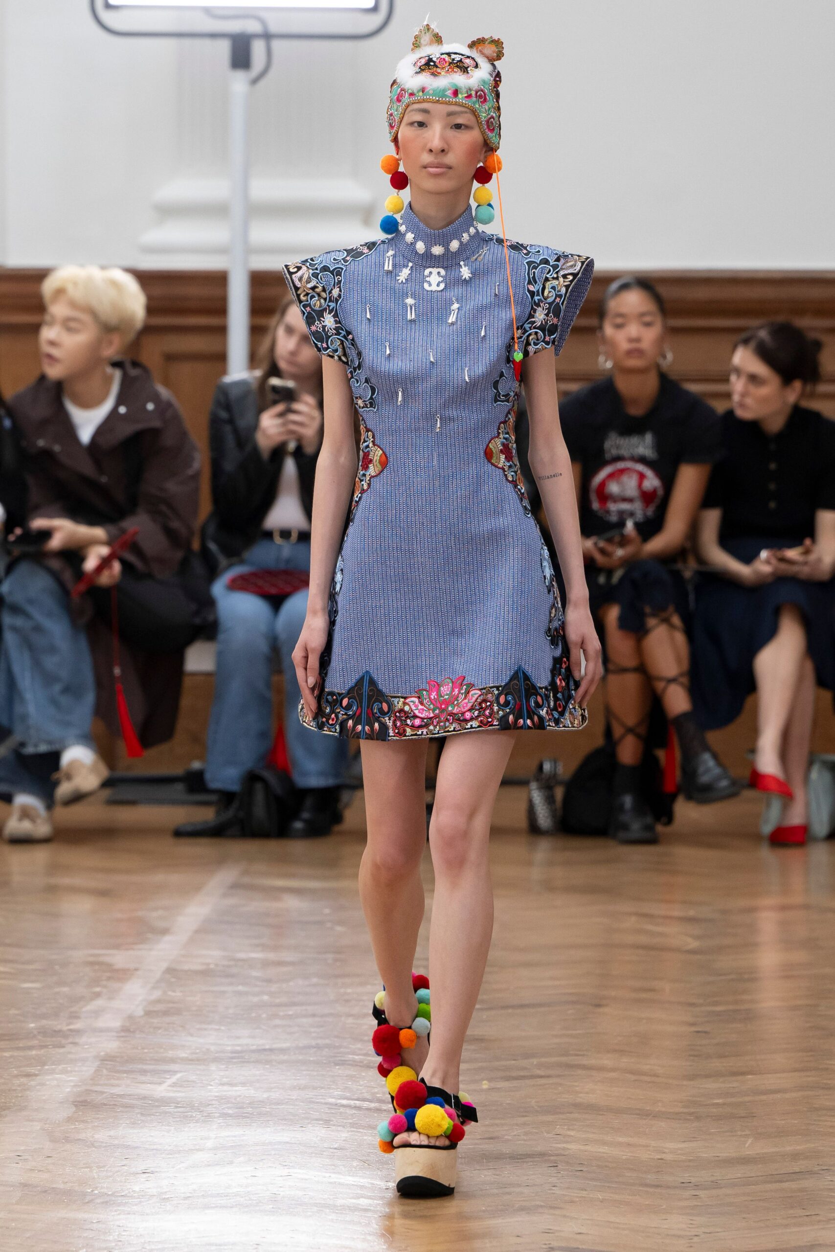 blue cotton short-sleeve collared fitted embroidered flared dress