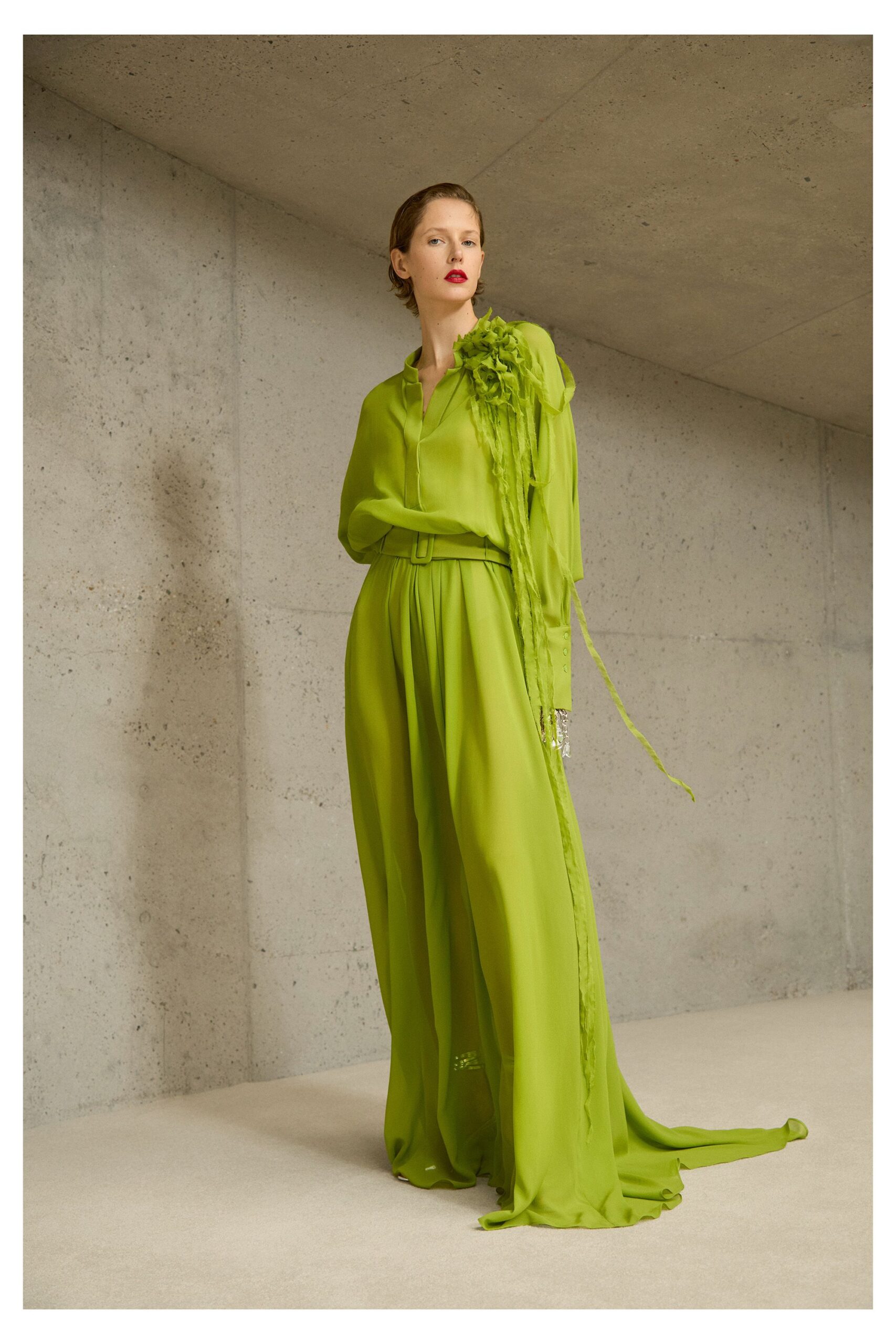 green silk long-sleeve collared relaxed layered ruffled blouse