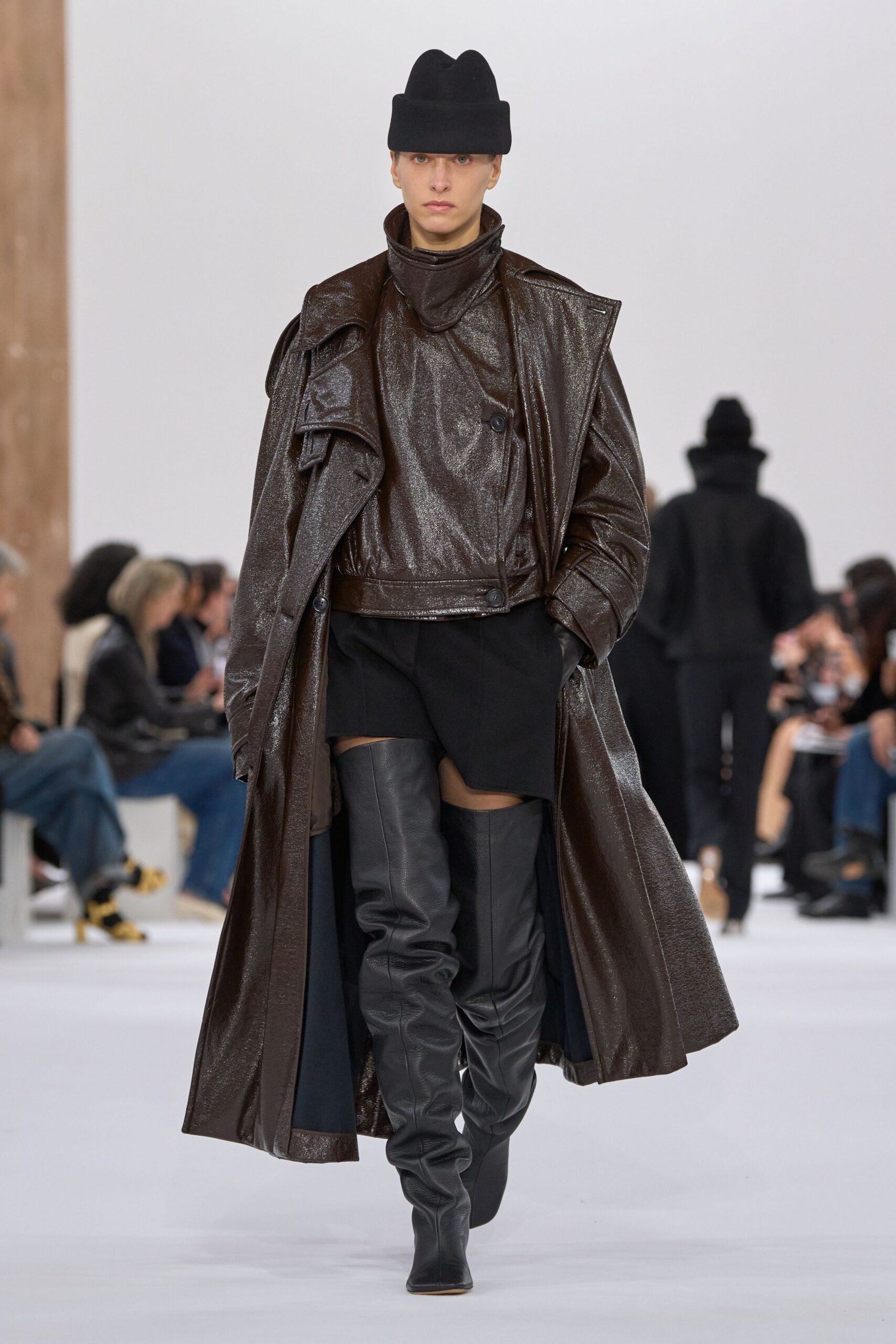 brown vinyl long-sleeve collared relaxed zippered shiny coat